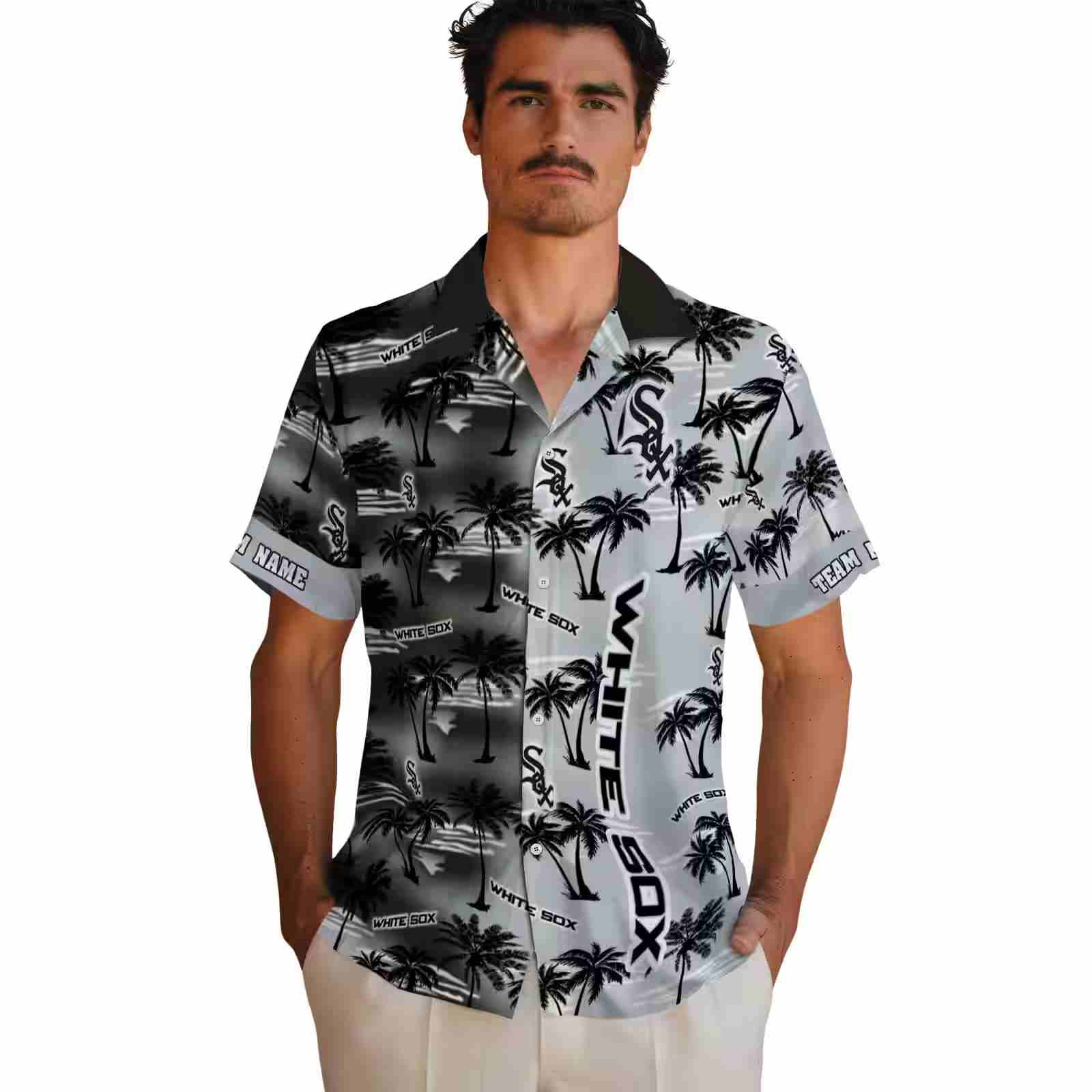 customized chicago white sox palm silhouettes black hawaiian shirt fashion forward