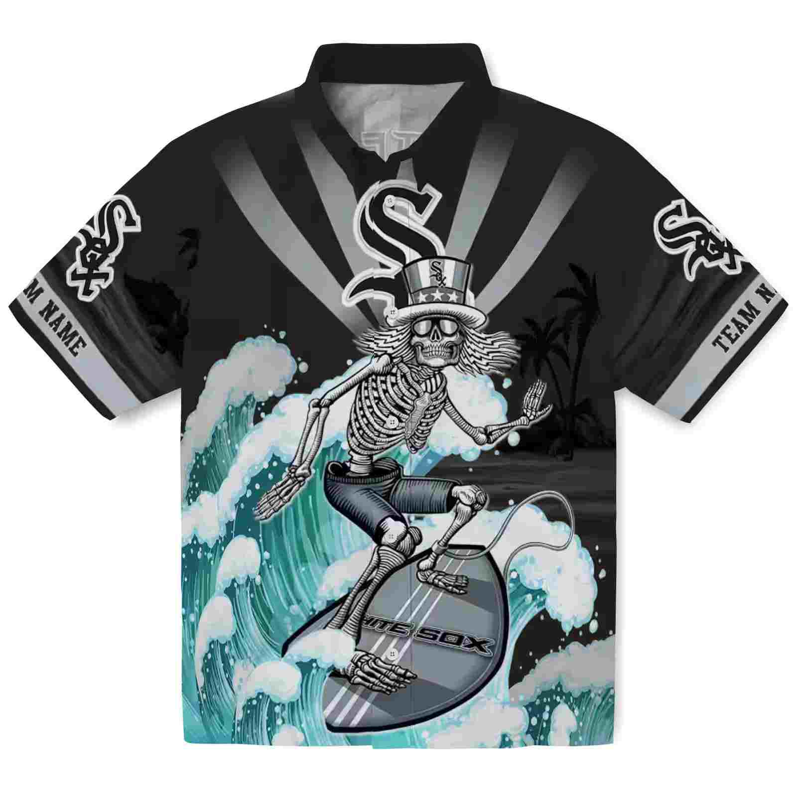 Customized Chicago White Sox Surfing Skeleton Black Blue Hawaiian Shirt