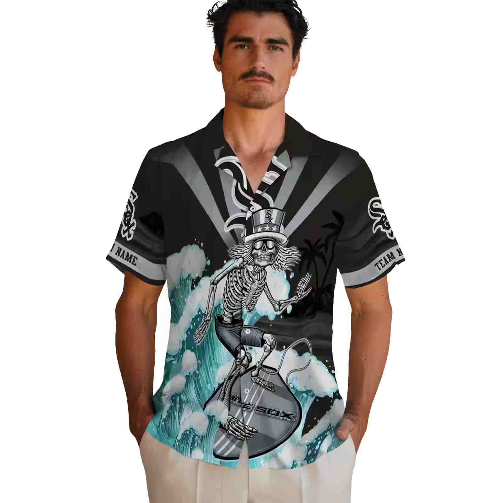 customized chicago white sox surfing skeleton black blue hawaiian shirt fashion forward