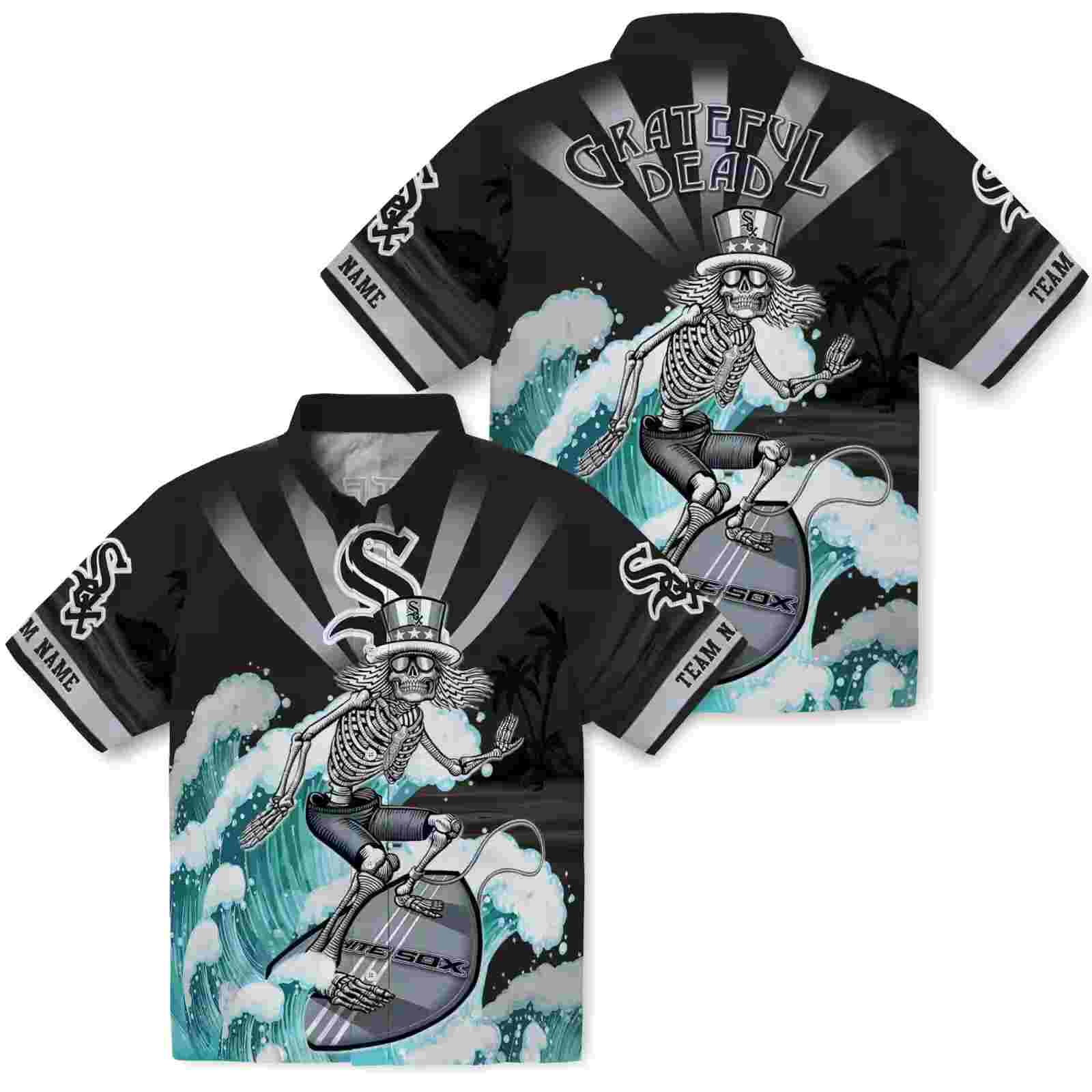 customized chicago white sox surfing skeleton black blue hawaiian shirt high quality