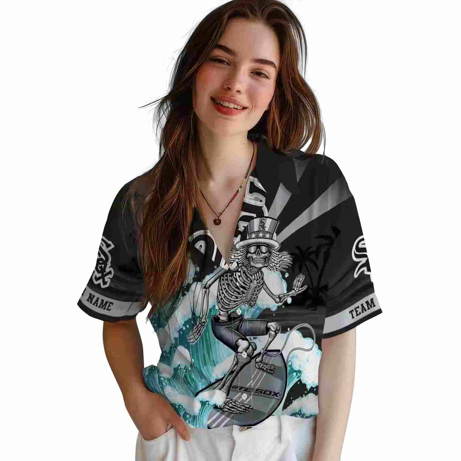 customized chicago white sox surfing skeleton black blue hawaiian shirt latest model