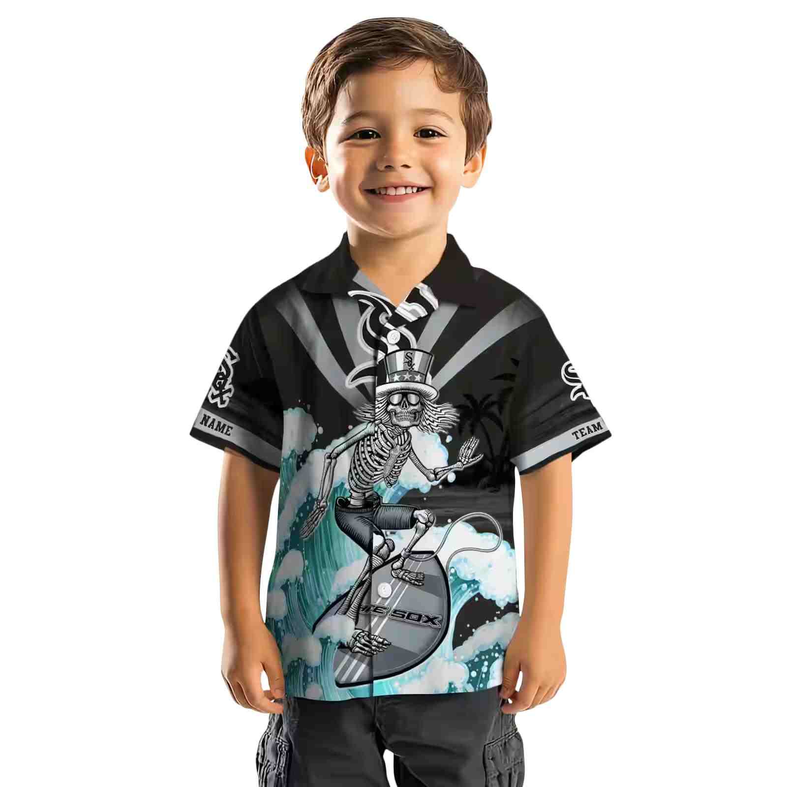 customized chicago white sox surfing skeleton black blue hawaiian shirt top rated