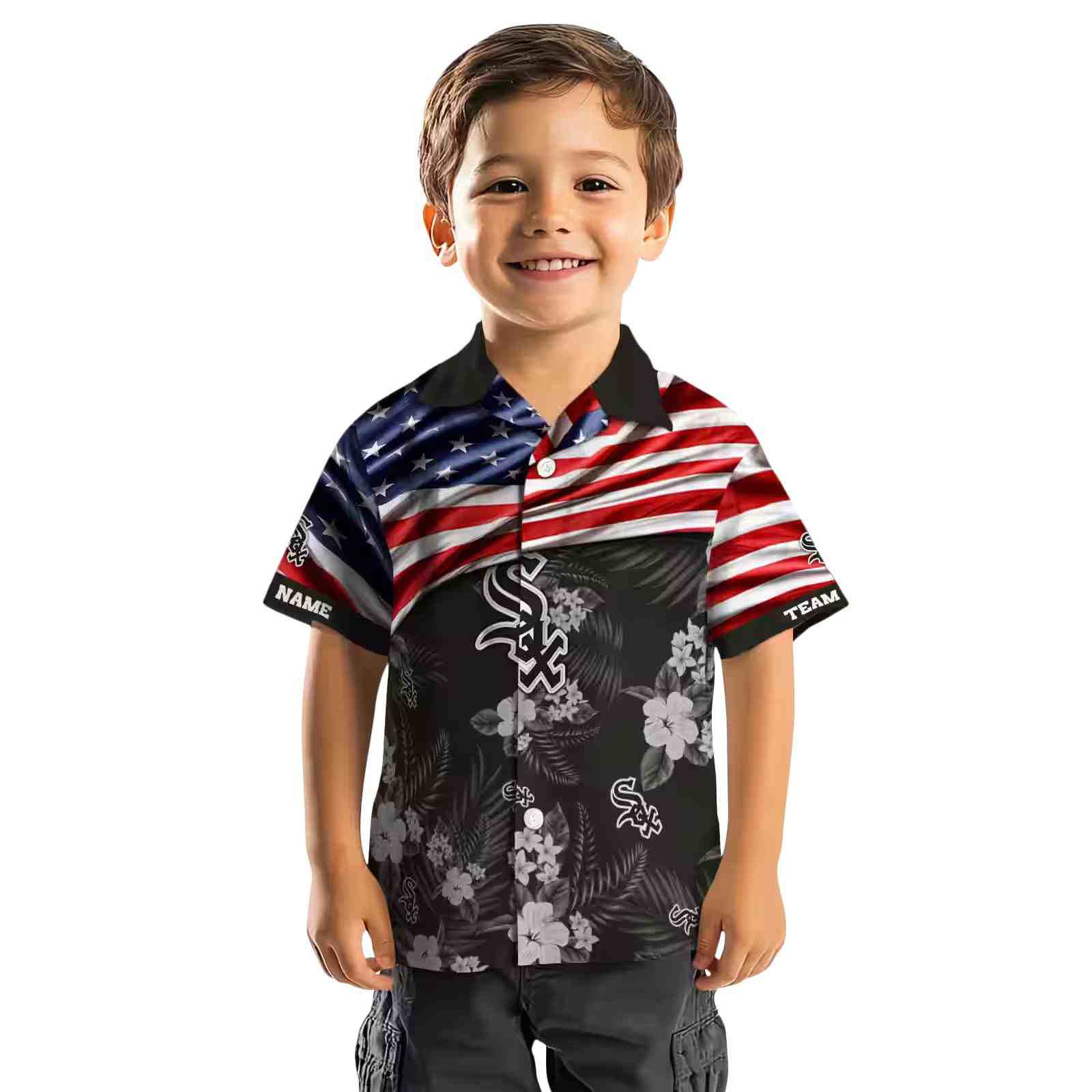 customized chicago white sox us flag hibiscus black hawaiian shirt top rated