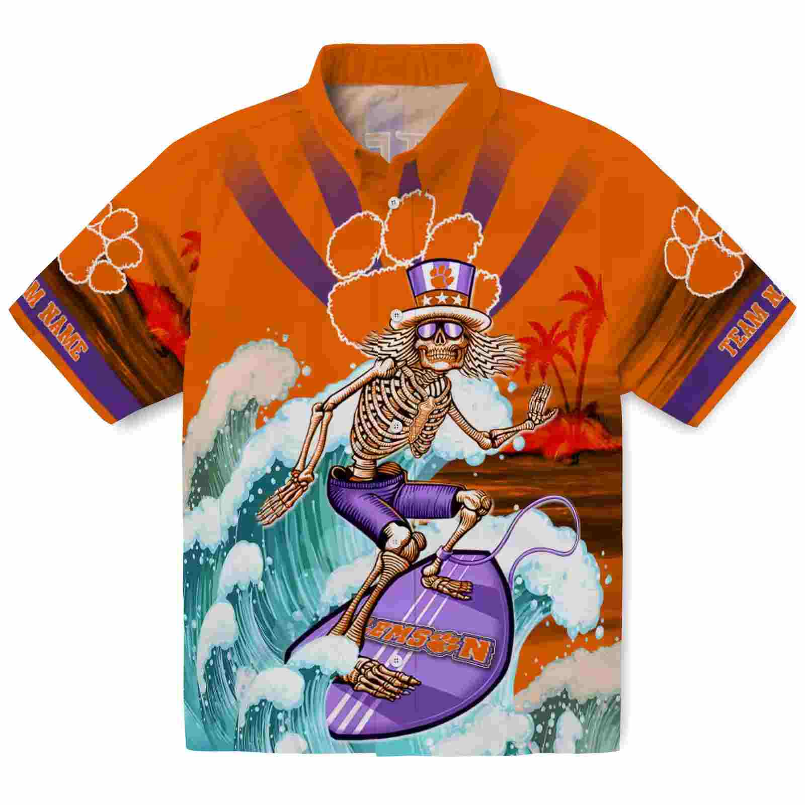 Customized Clemson Tigers Surfing Skeleton Orange Blue Hawaiian Shirt