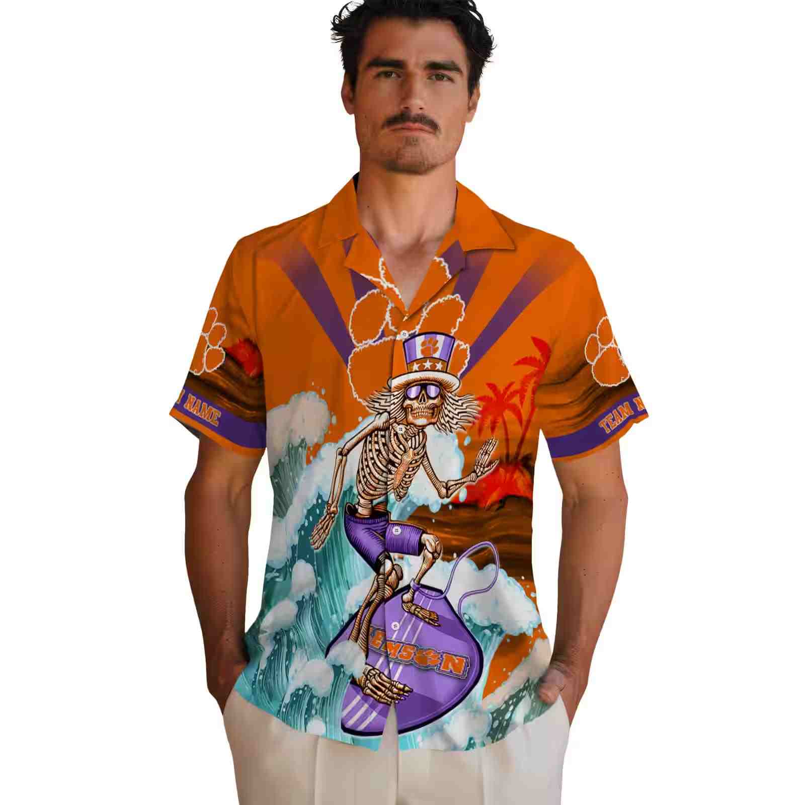 customized clemson tigers surfing skeleton orange blue hawaiian shirt fashion forward