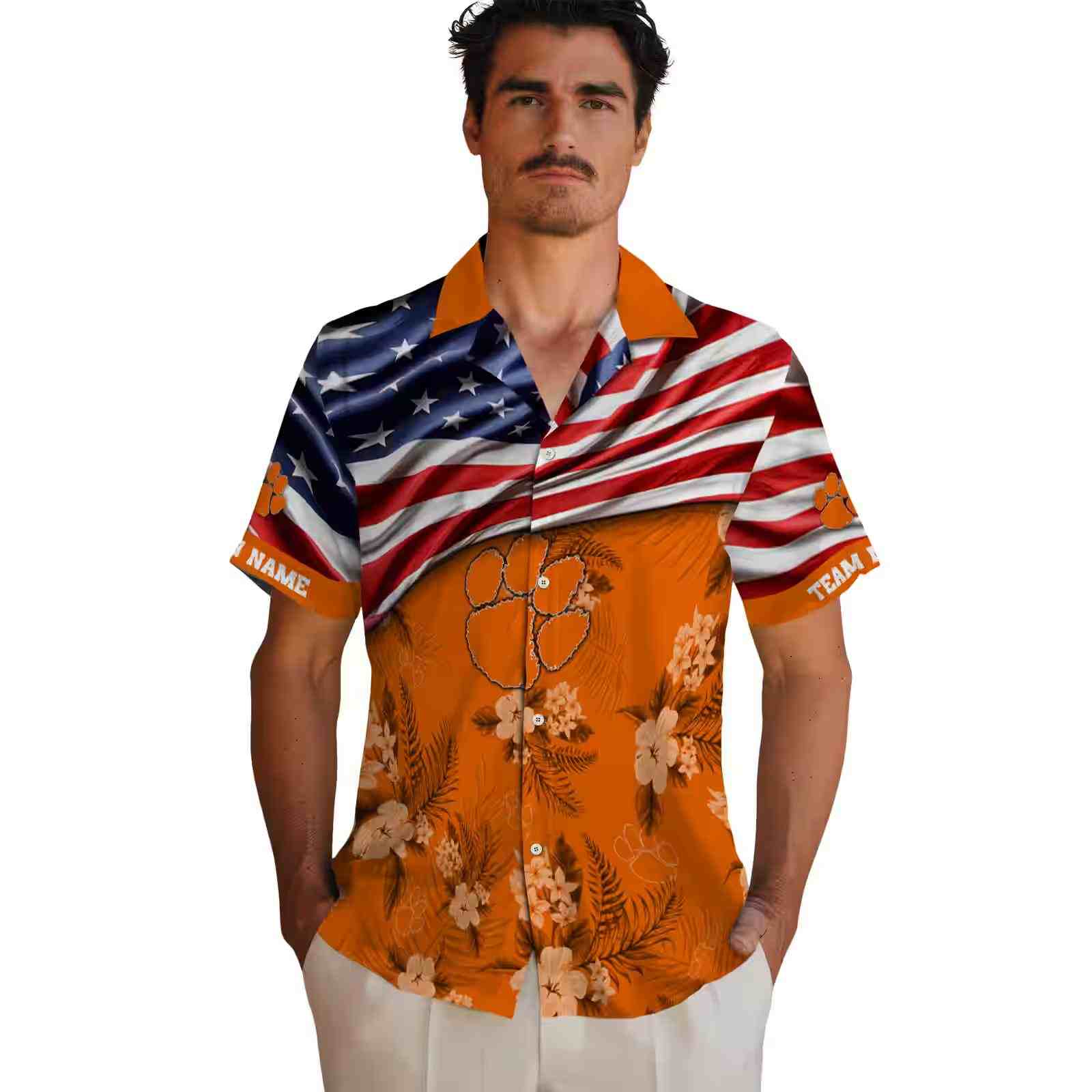 customized clemson tigers us flag hibiscus orange hawaiian shirt fashion forward