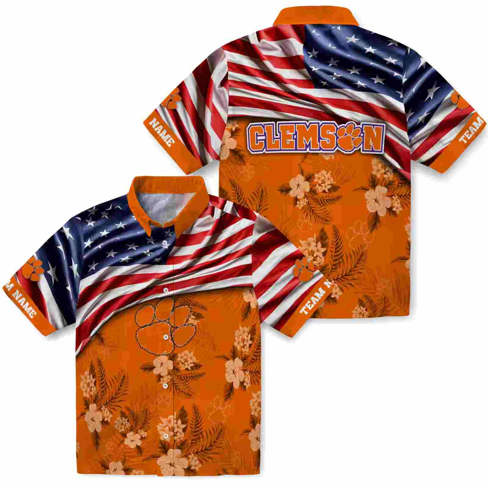 customized clemson tigers us flag hibiscus orange hawaiian shirt high quality