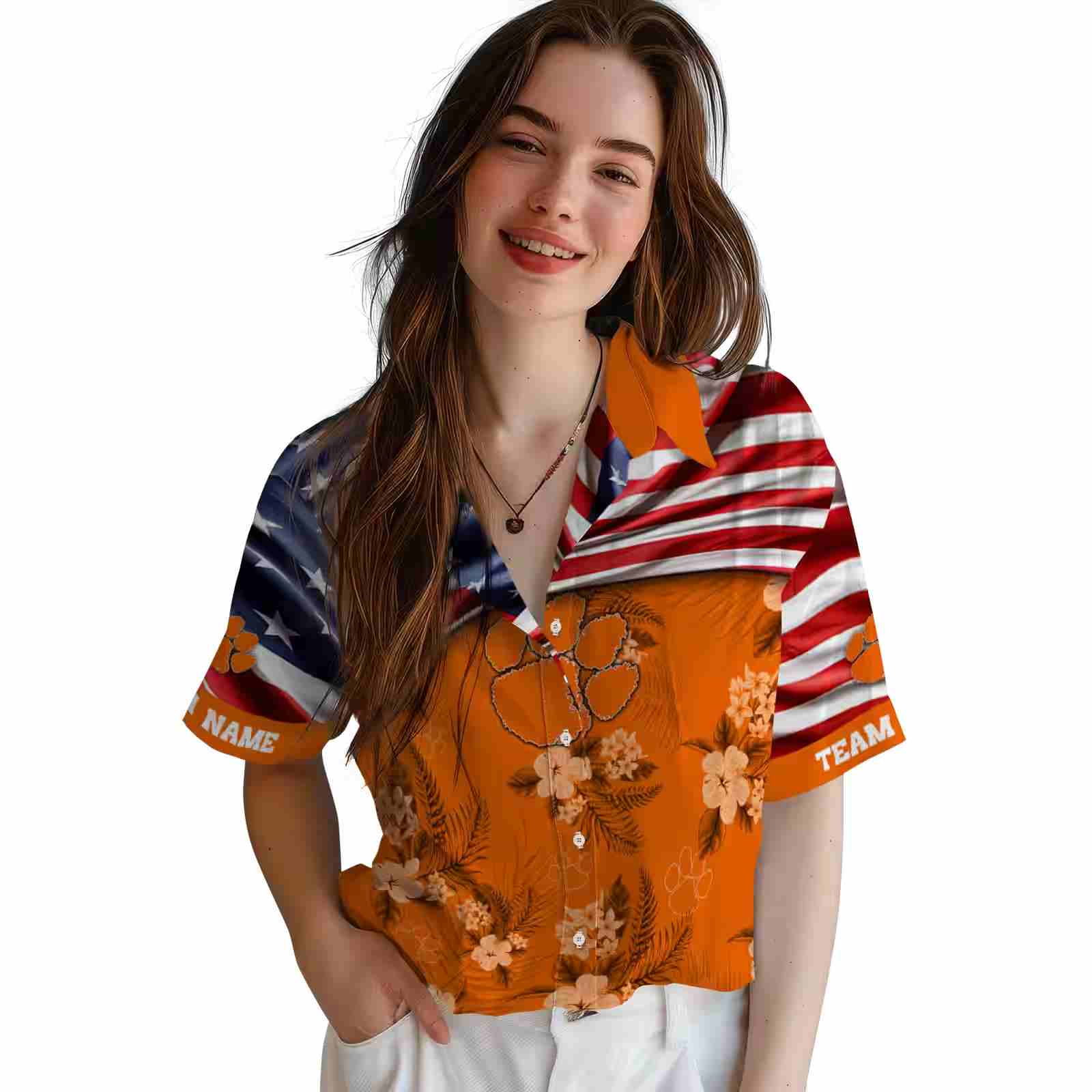 customized clemson tigers us flag hibiscus orange hawaiian shirt latest model