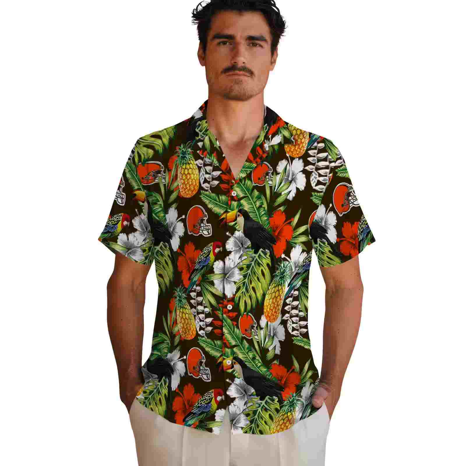 customized cleveland browns tropical toucan brown green hawaiian shirt fashion forward