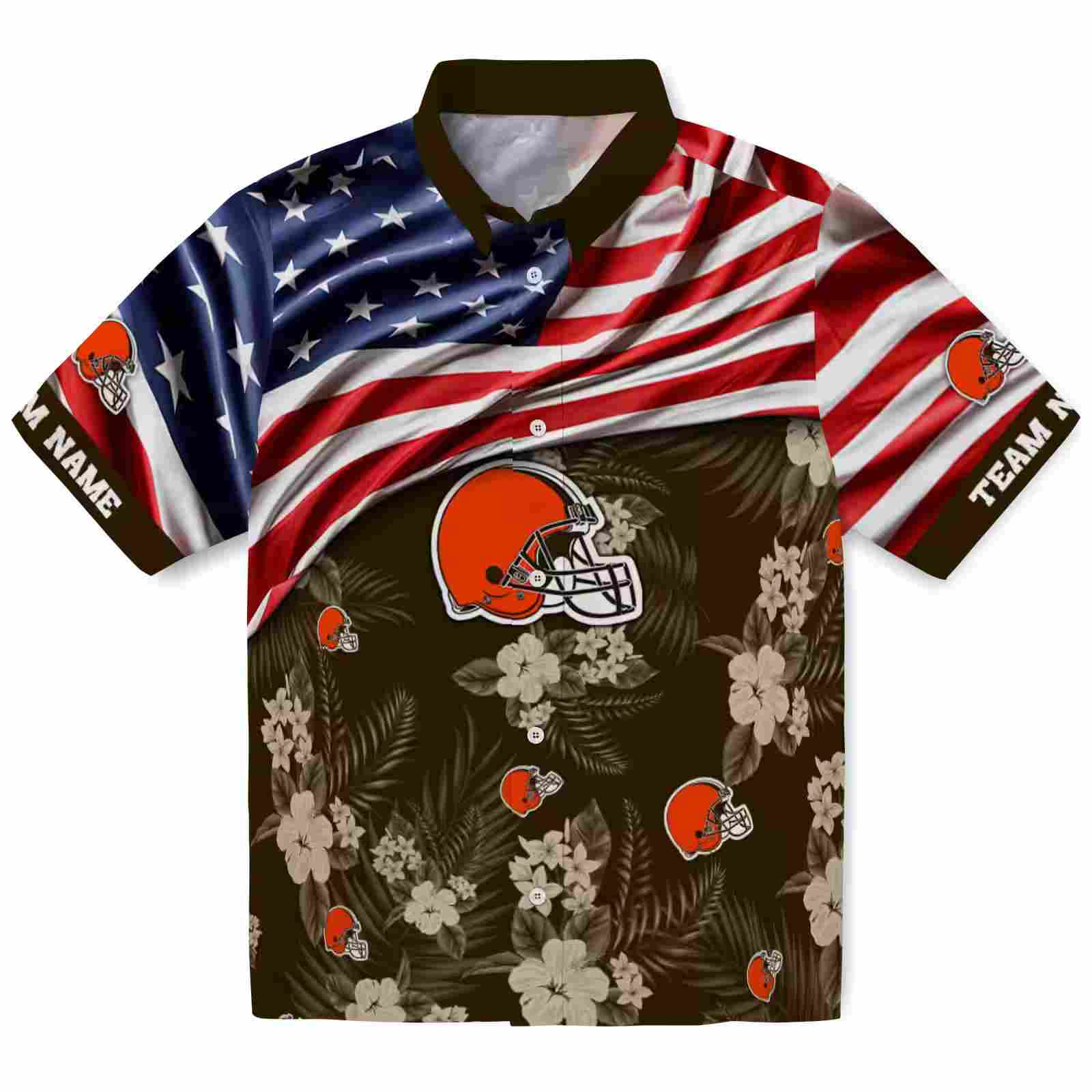 Customized Cleveland Browns US Flag Hibiscus Brown Hawaiian Shirt