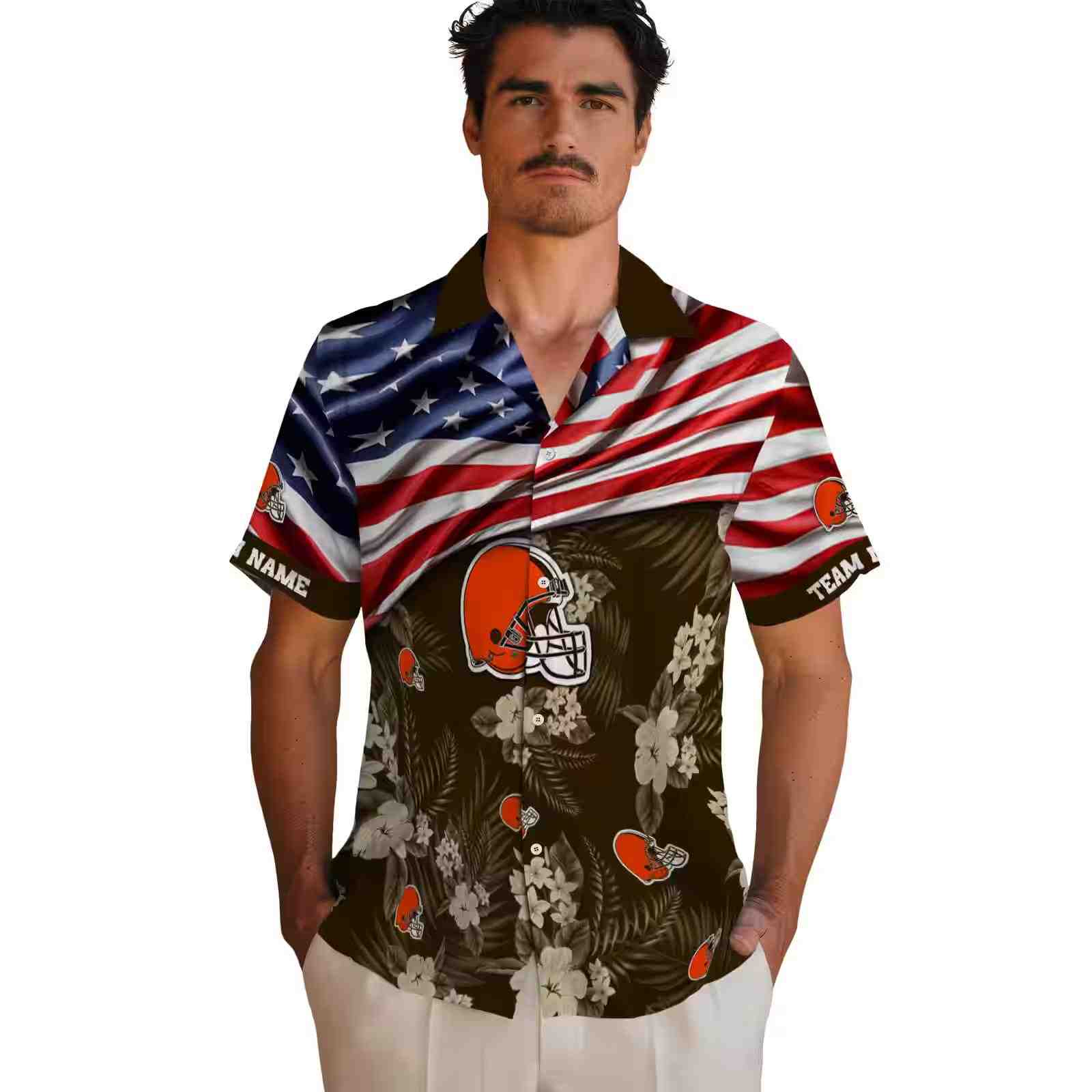 customized cleveland browns us flag hibiscus brown hawaiian shirt fashion forward