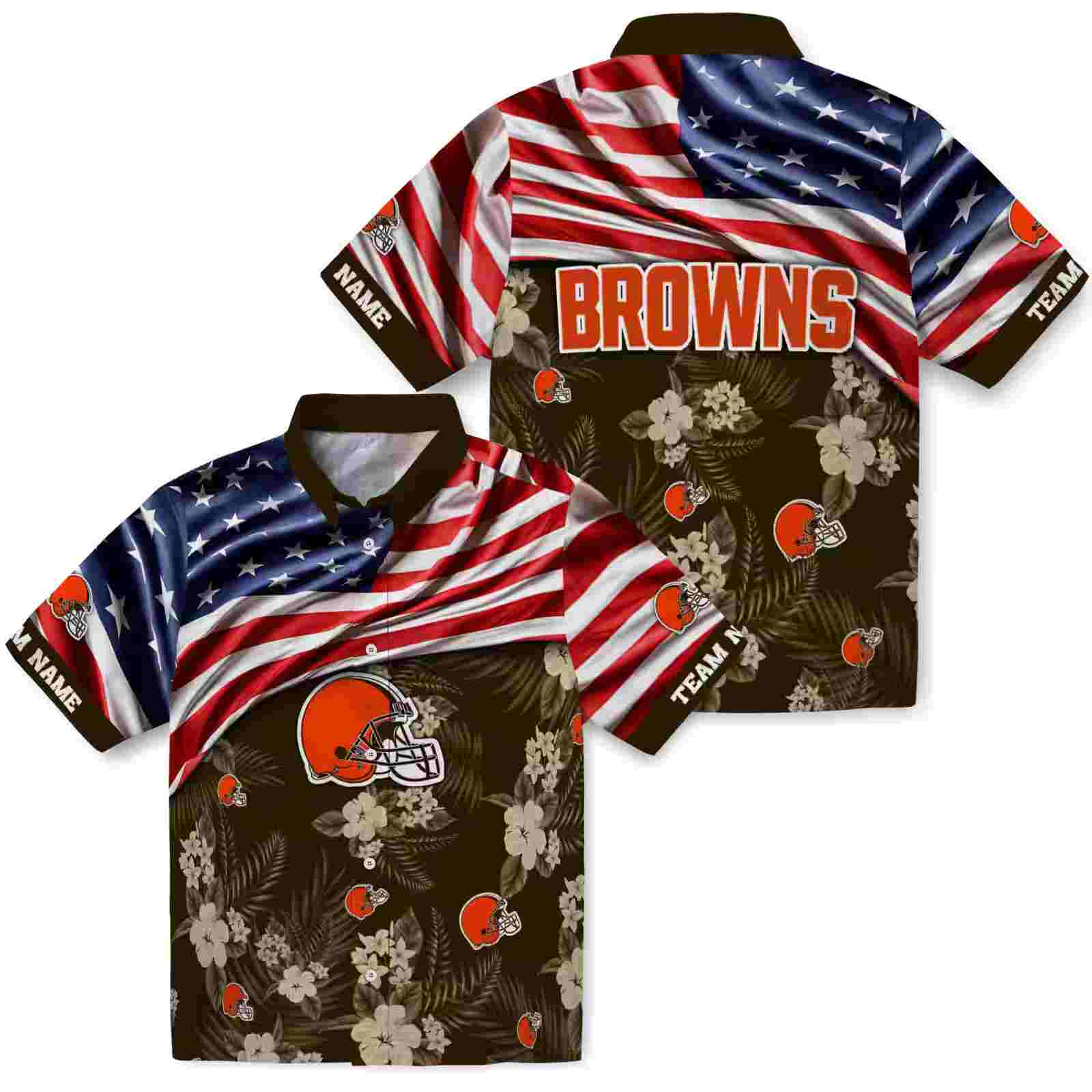 customized cleveland browns us flag hibiscus brown hawaiian shirt high quality