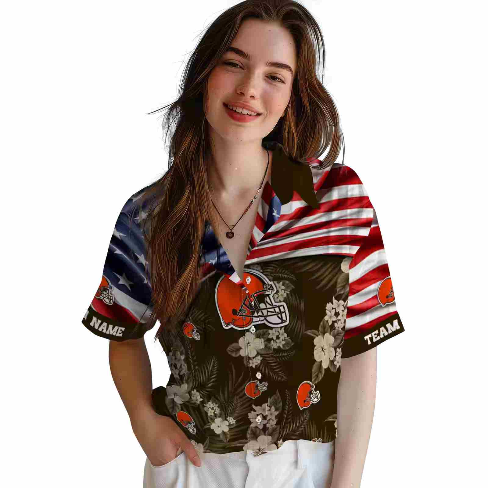 customized cleveland browns us flag hibiscus brown hawaiian shirt latest model