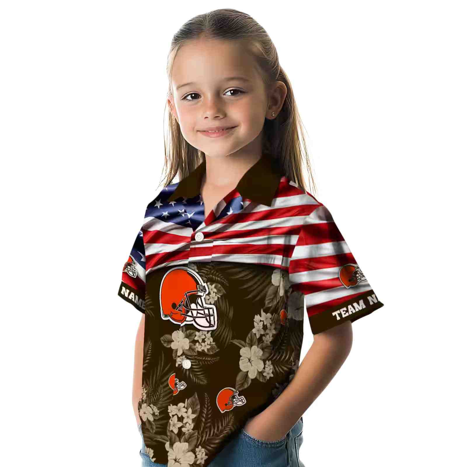 customized cleveland browns us flag hibiscus brown hawaiian shirt premium grade