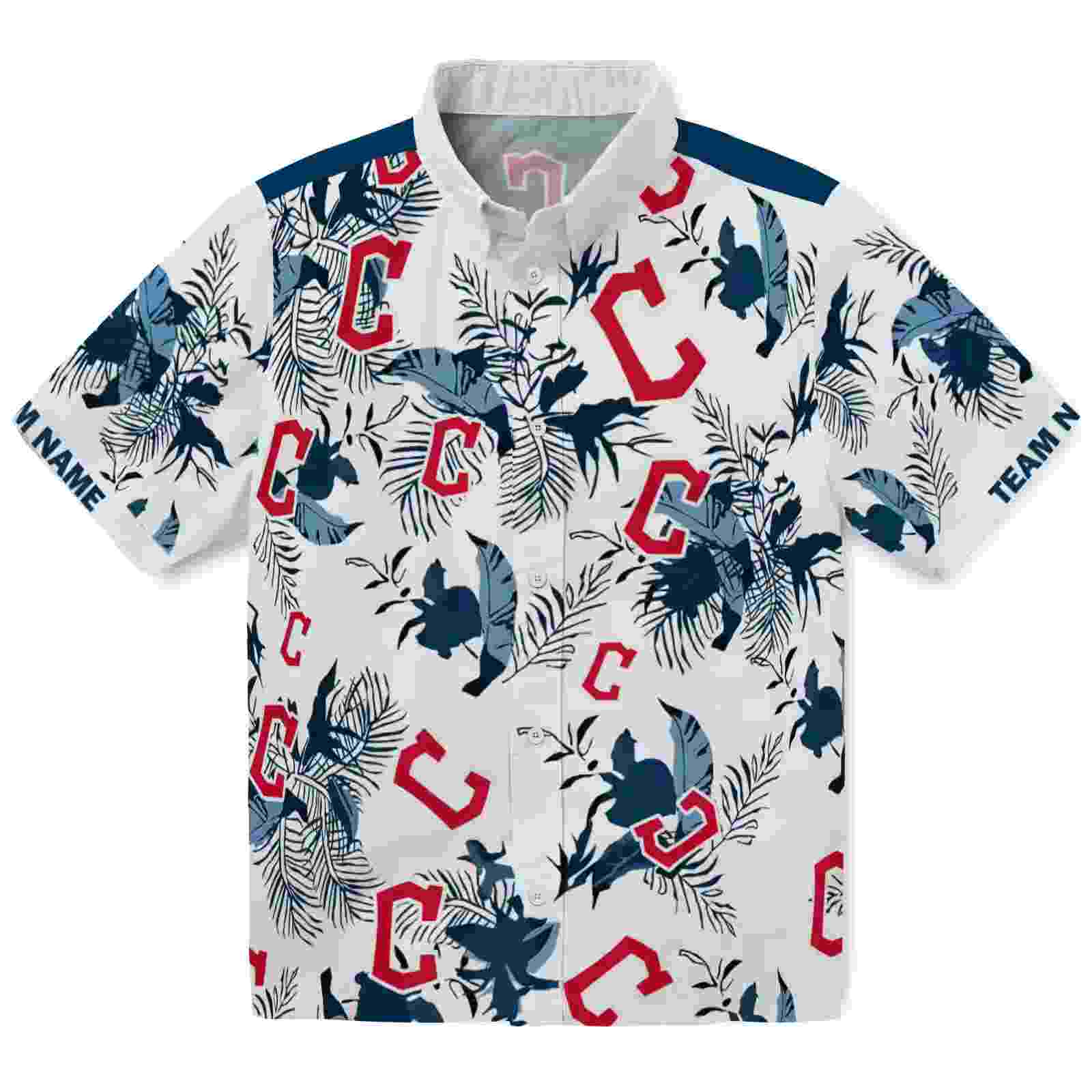 Customized Cleveland Guardians Botanical Theme Navy Blue White Hawaiian Shirt