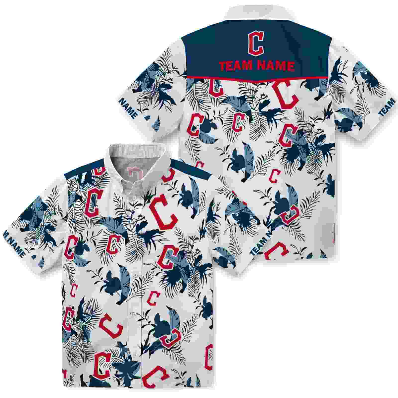 customized cleveland guardians botanical theme navy blue white hawaiian shirt high quality