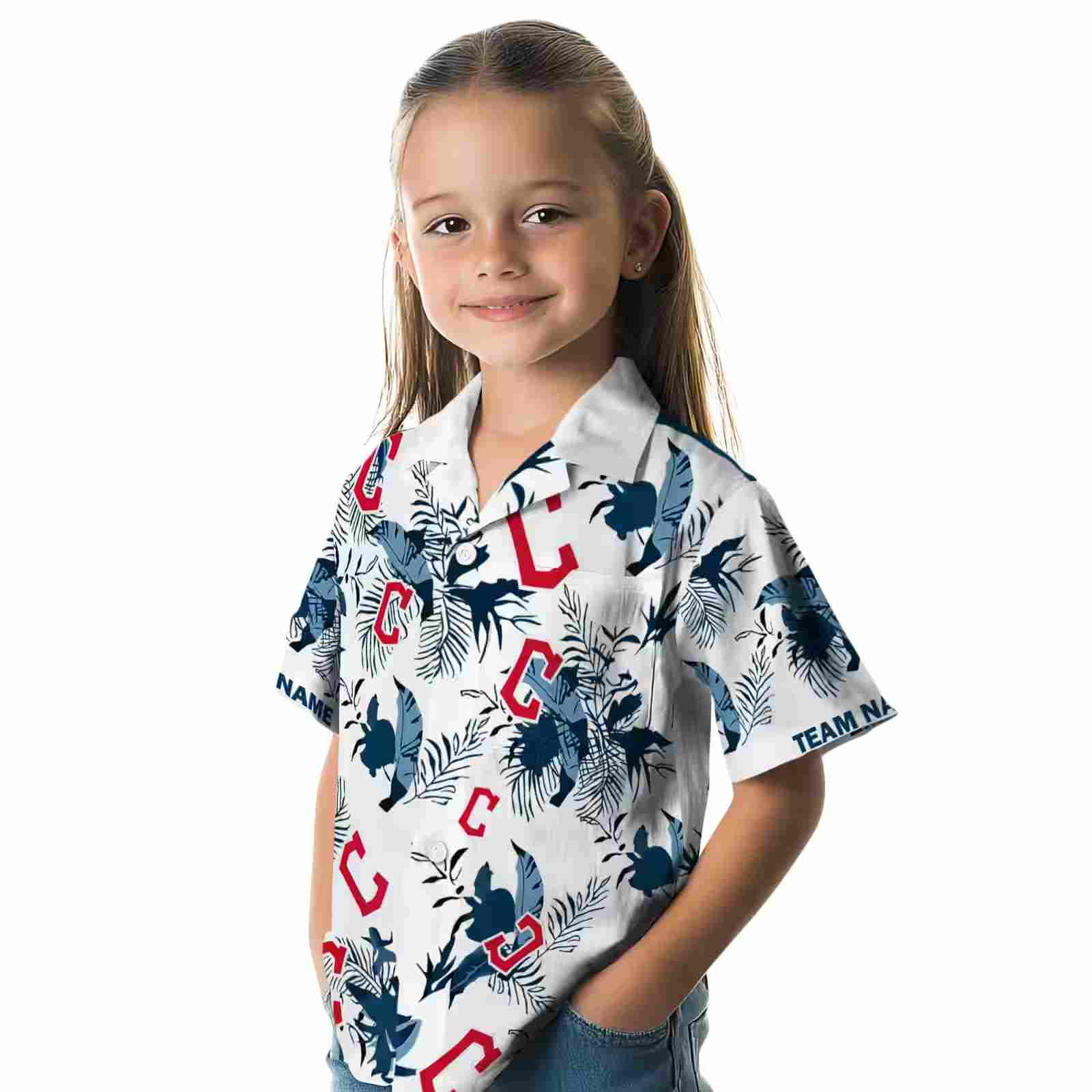 customized cleveland guardians botanical theme navy blue white hawaiian shirt premium grade