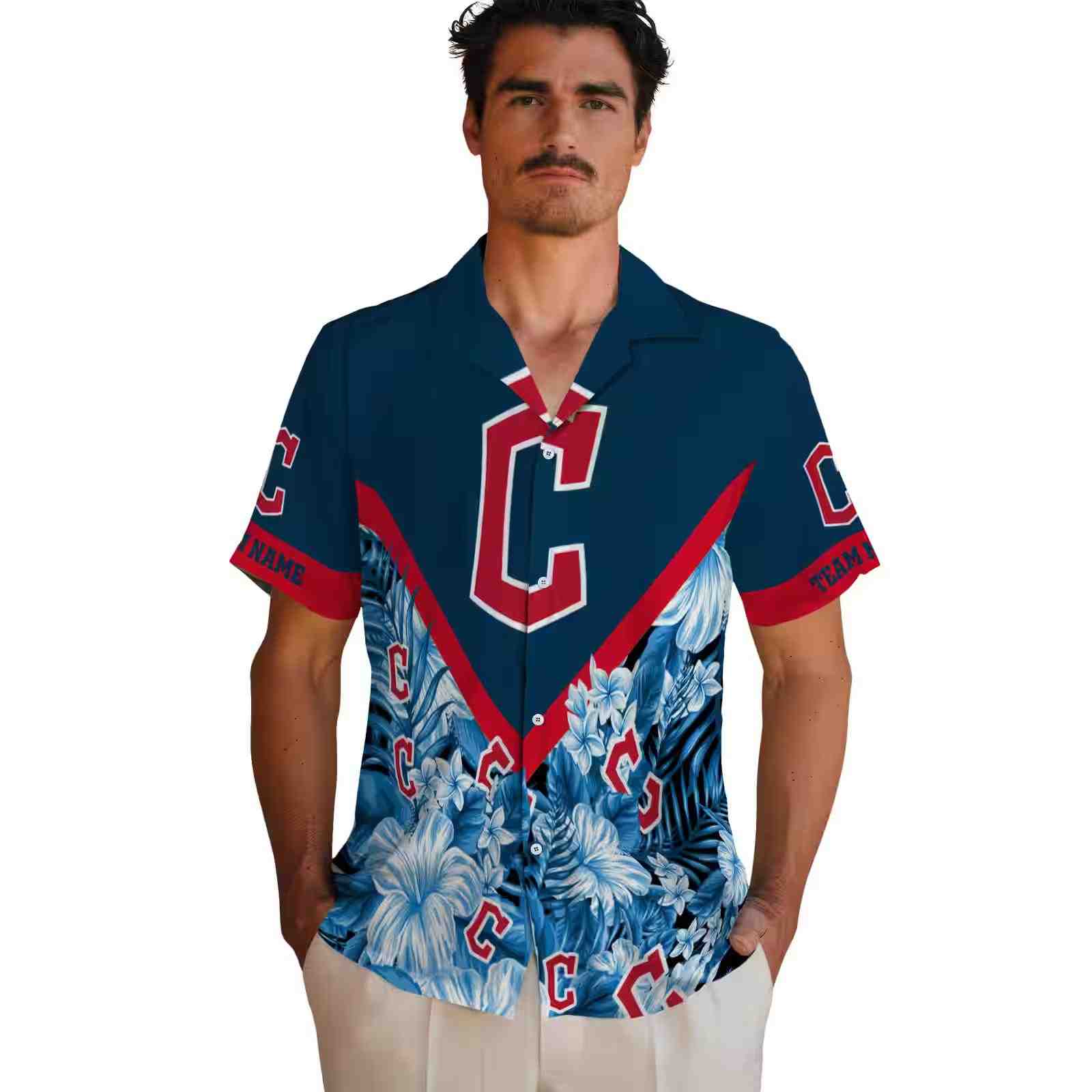 customized cleveland guardians floral chevron navy blue hawaiian shirt fashion forward