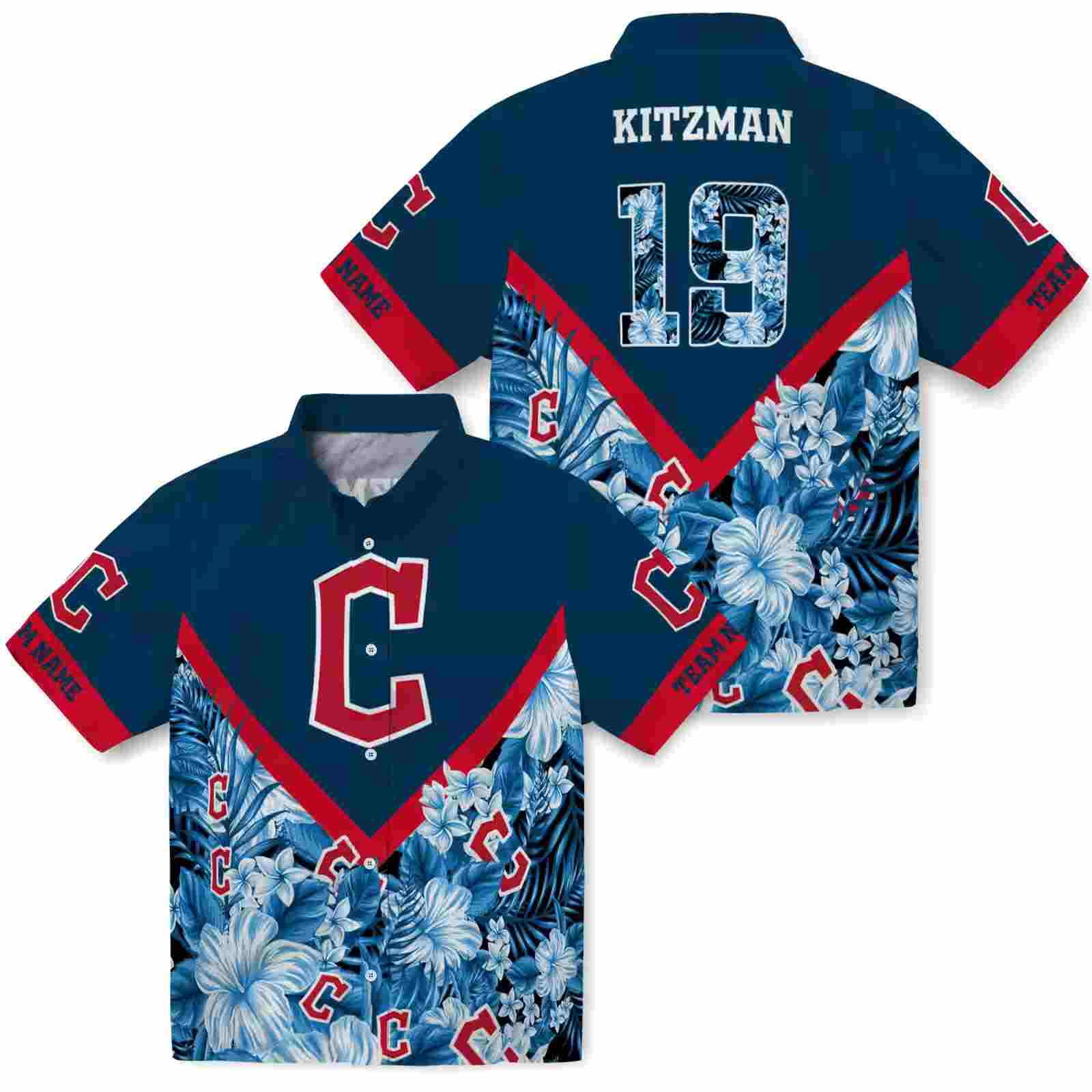 customized cleveland guardians floral chevron navy blue hawaiian shirt high quality