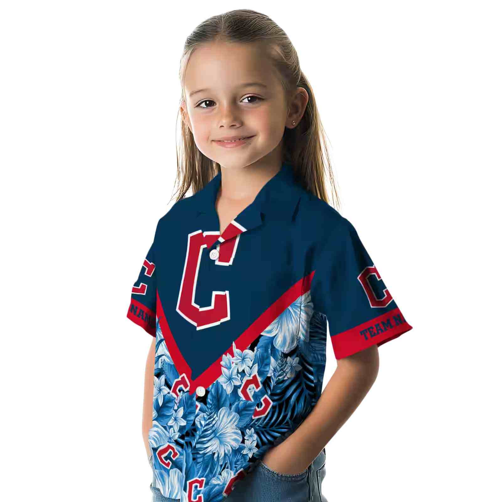 customized cleveland guardians floral chevron navy blue hawaiian shirt premium grade