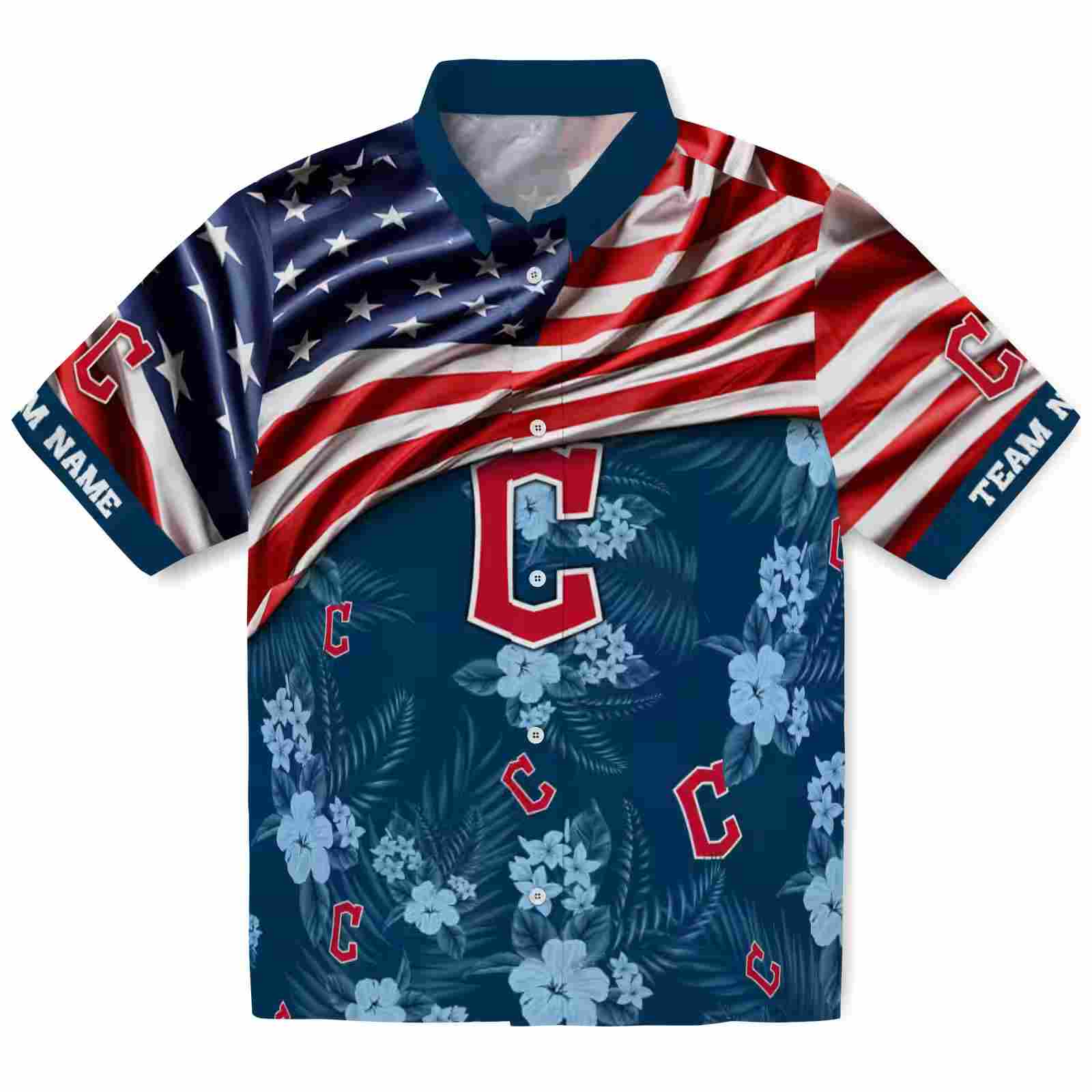 Customized Cleveland Guardians US Flag Hibiscus Navy Blue Hawaiian Shirt