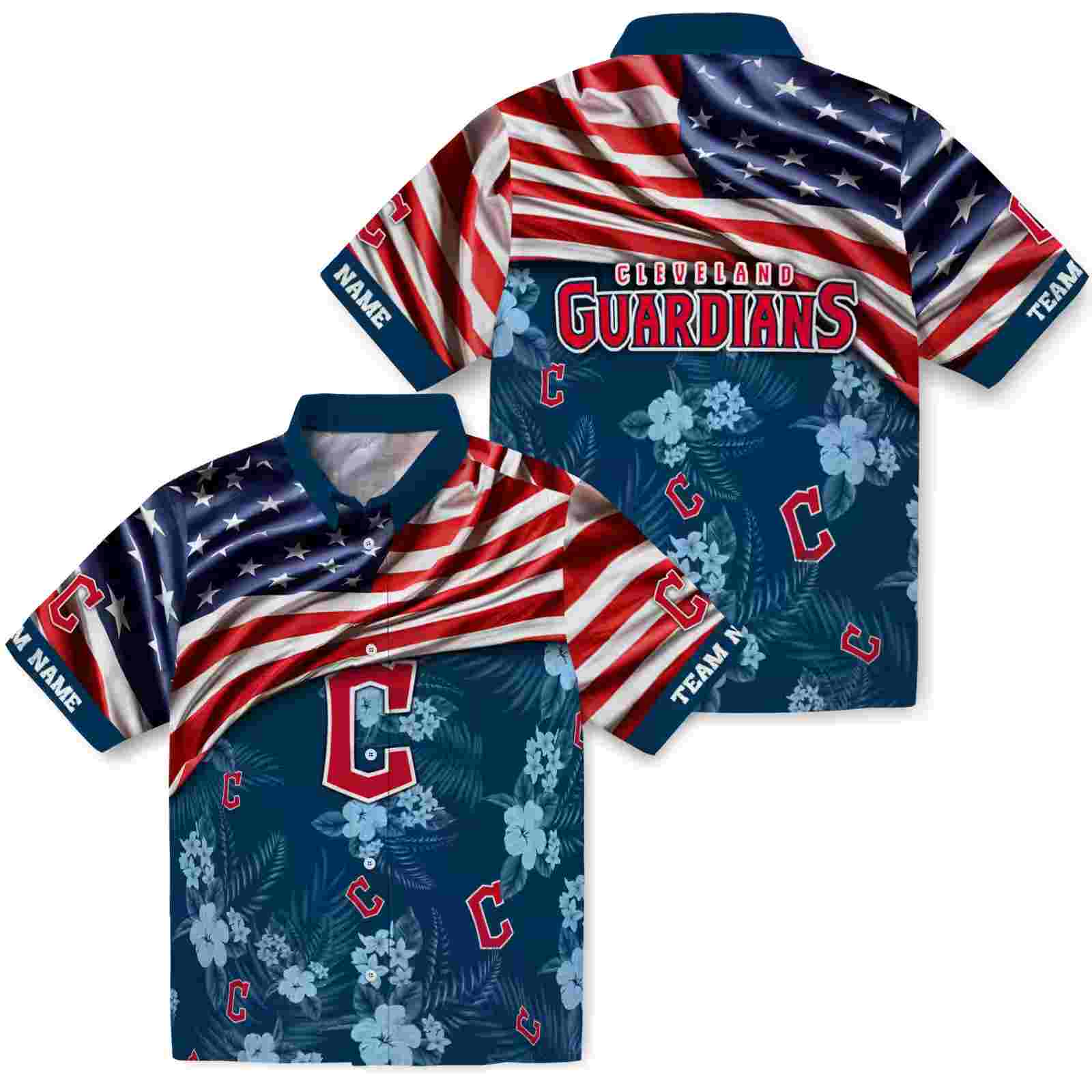 customized cleveland guardians us flag hibiscus navy blue hawaiian shirt high quality