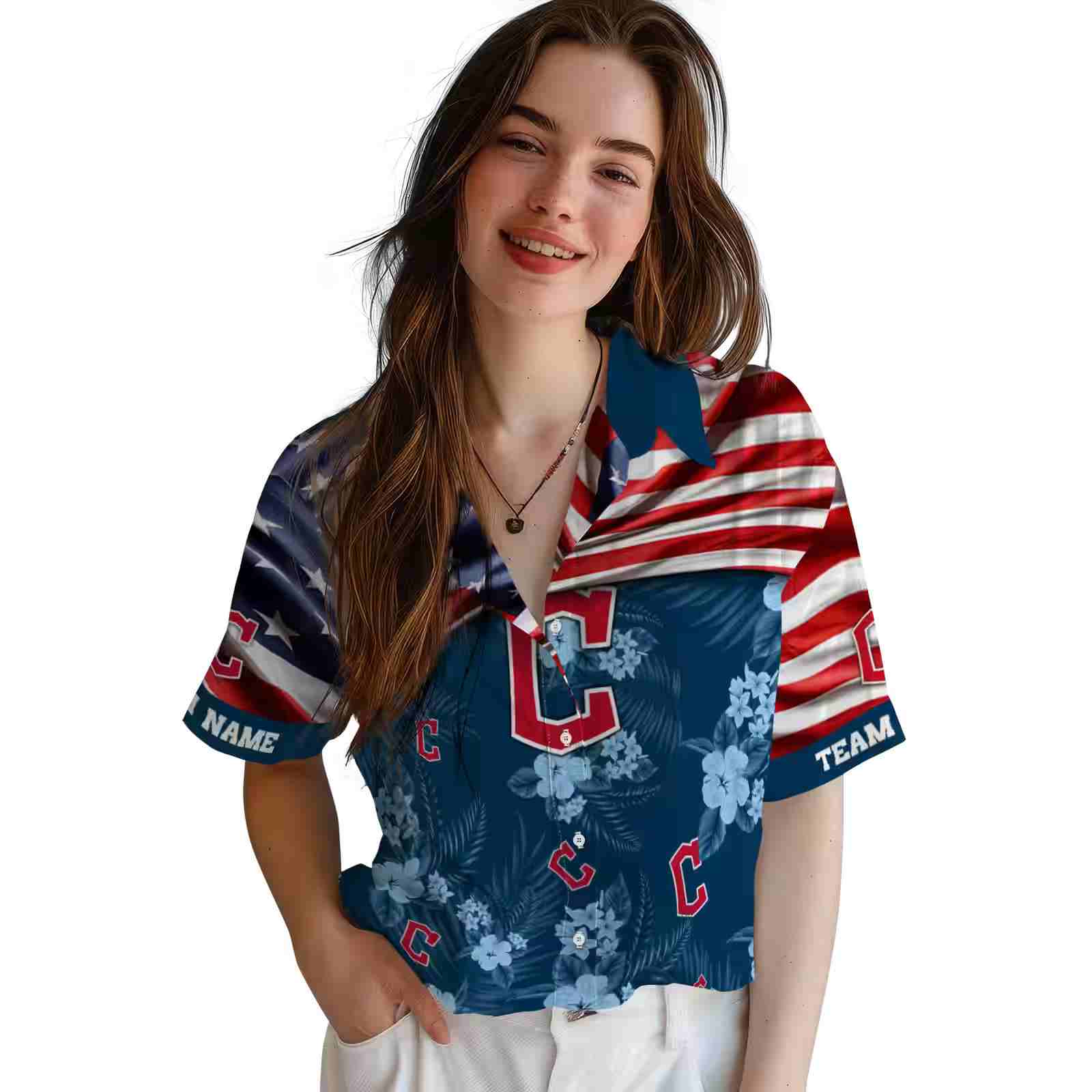 customized cleveland guardians us flag hibiscus navy blue hawaiian shirt latest model