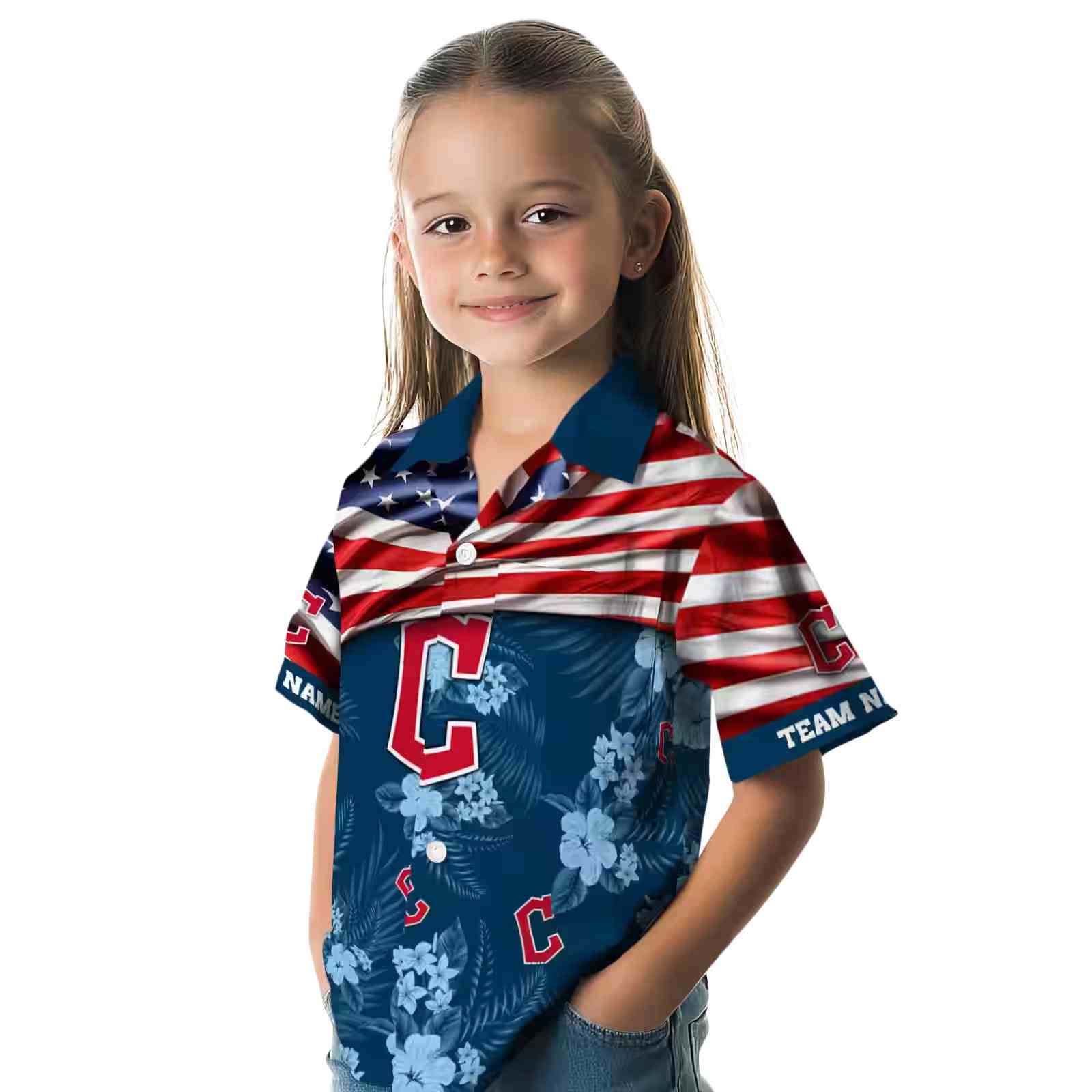 customized cleveland guardians us flag hibiscus navy blue hawaiian shirt premium grade