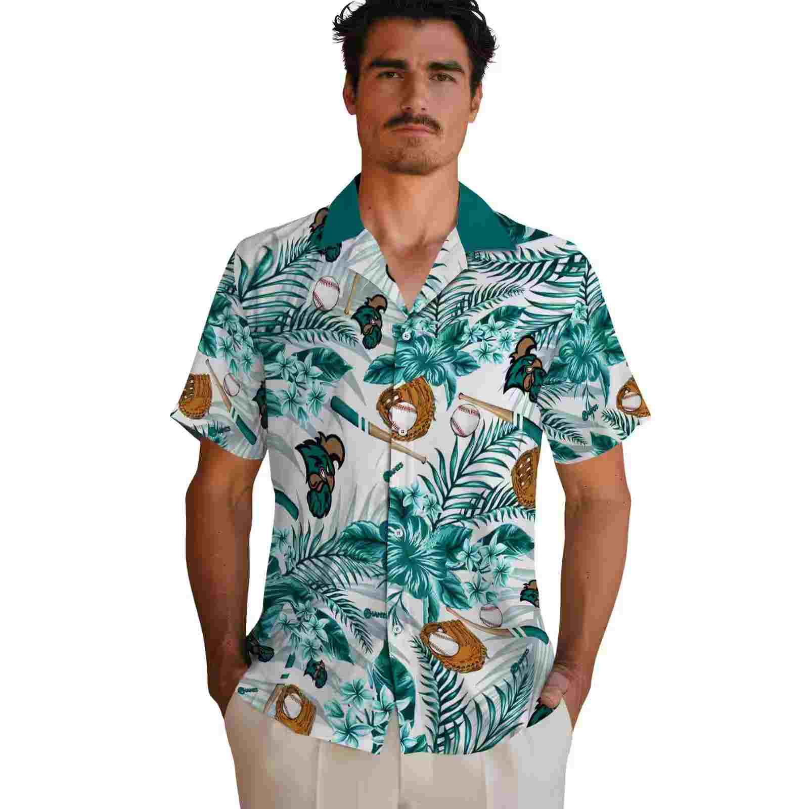 customized coastal carolina chanticleers floral baseball green white hawaiian shirt fashion forward