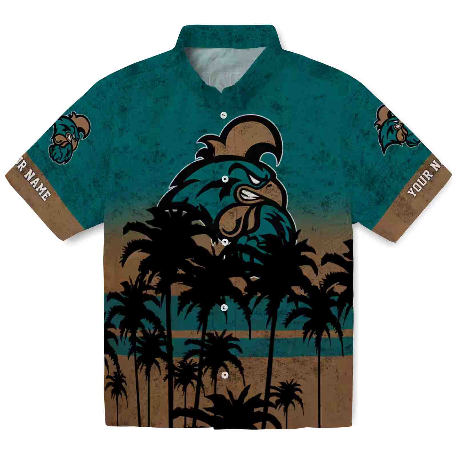 Customized Coastal Carolina Chanticleers Sunset Pattern Green Black Hawaiian Shirt