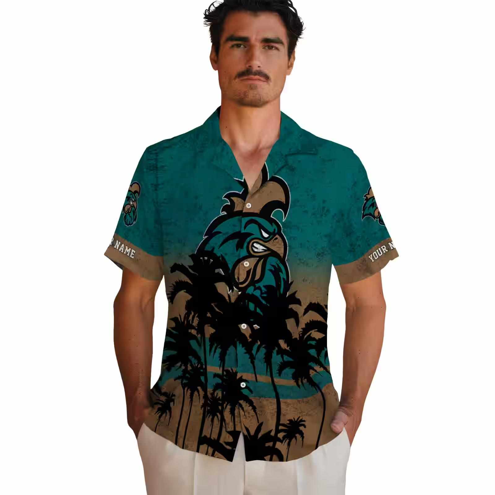 customized coastal carolina chanticleers sunset pattern green black hawaiian shirt fashion forward