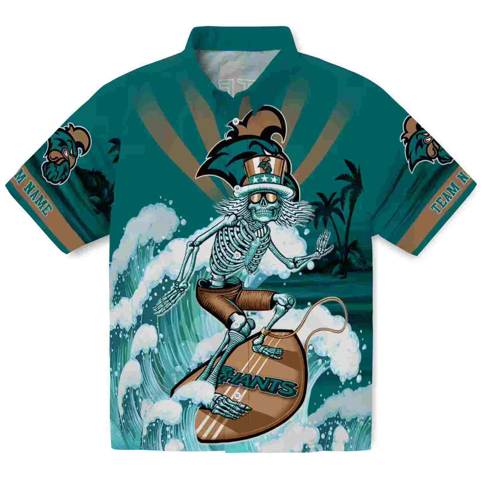 Customized Coastal Carolina Chanticleers Surfing Skeleton Green Blue Hawaiian Shirt