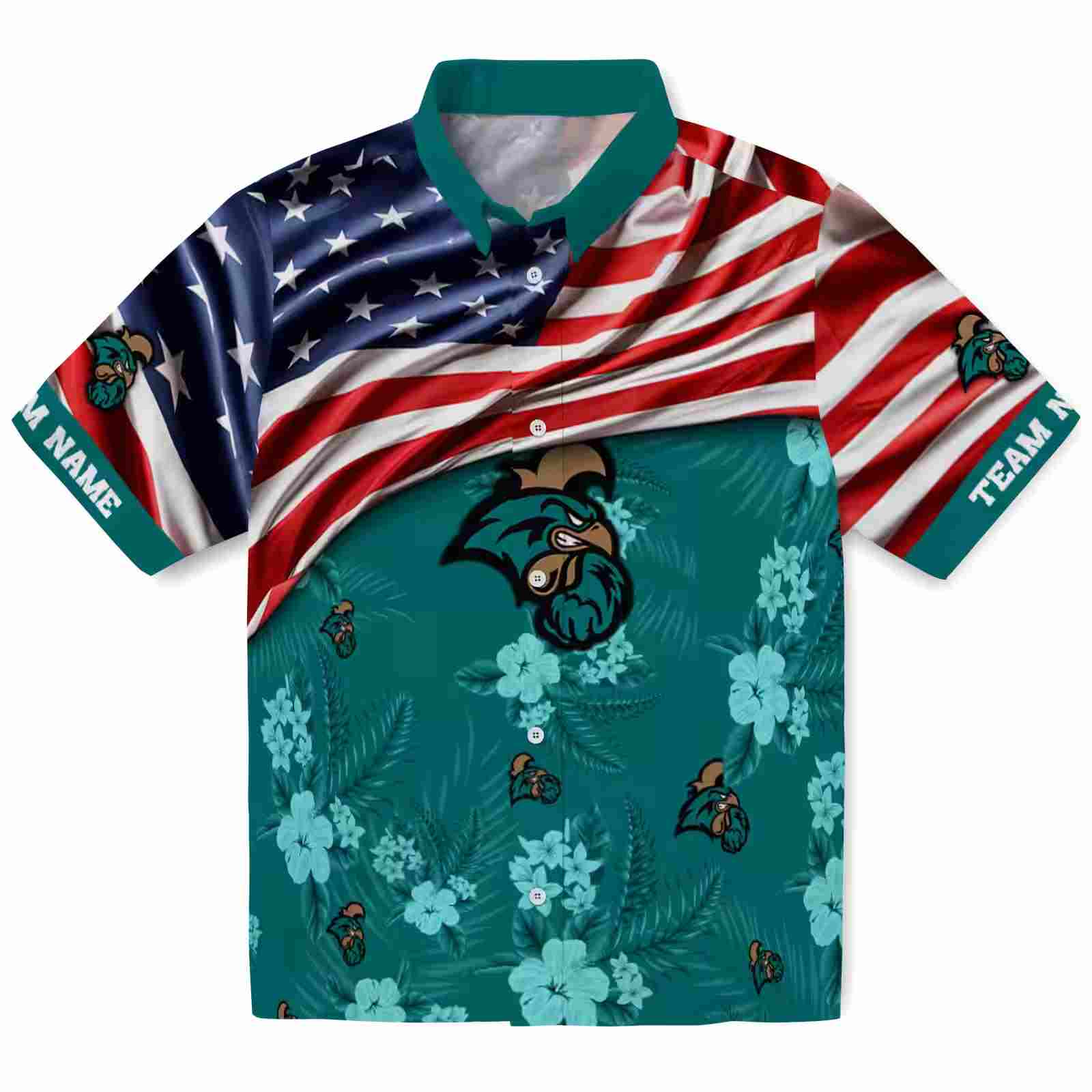 Customized Coastal Carolina Chanticleers US Flag Hibiscus Green Hawaiian Shirt