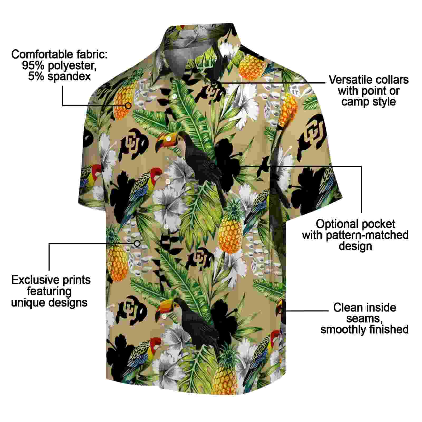 customized colorado buffaloes tropical toucan gold green hawaiian shirt new arrival