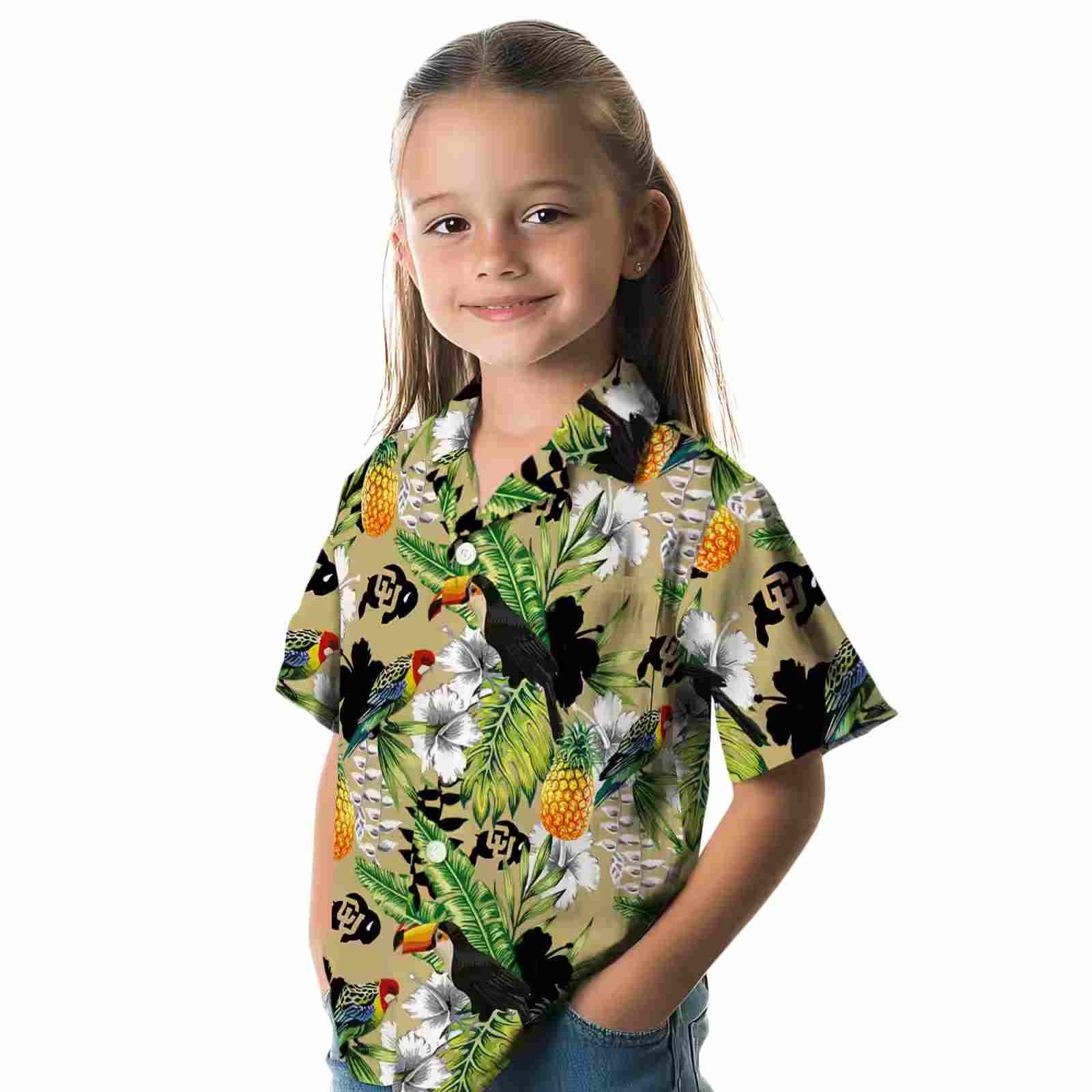 customized colorado buffaloes tropical toucan gold green hawaiian shirt premium grade