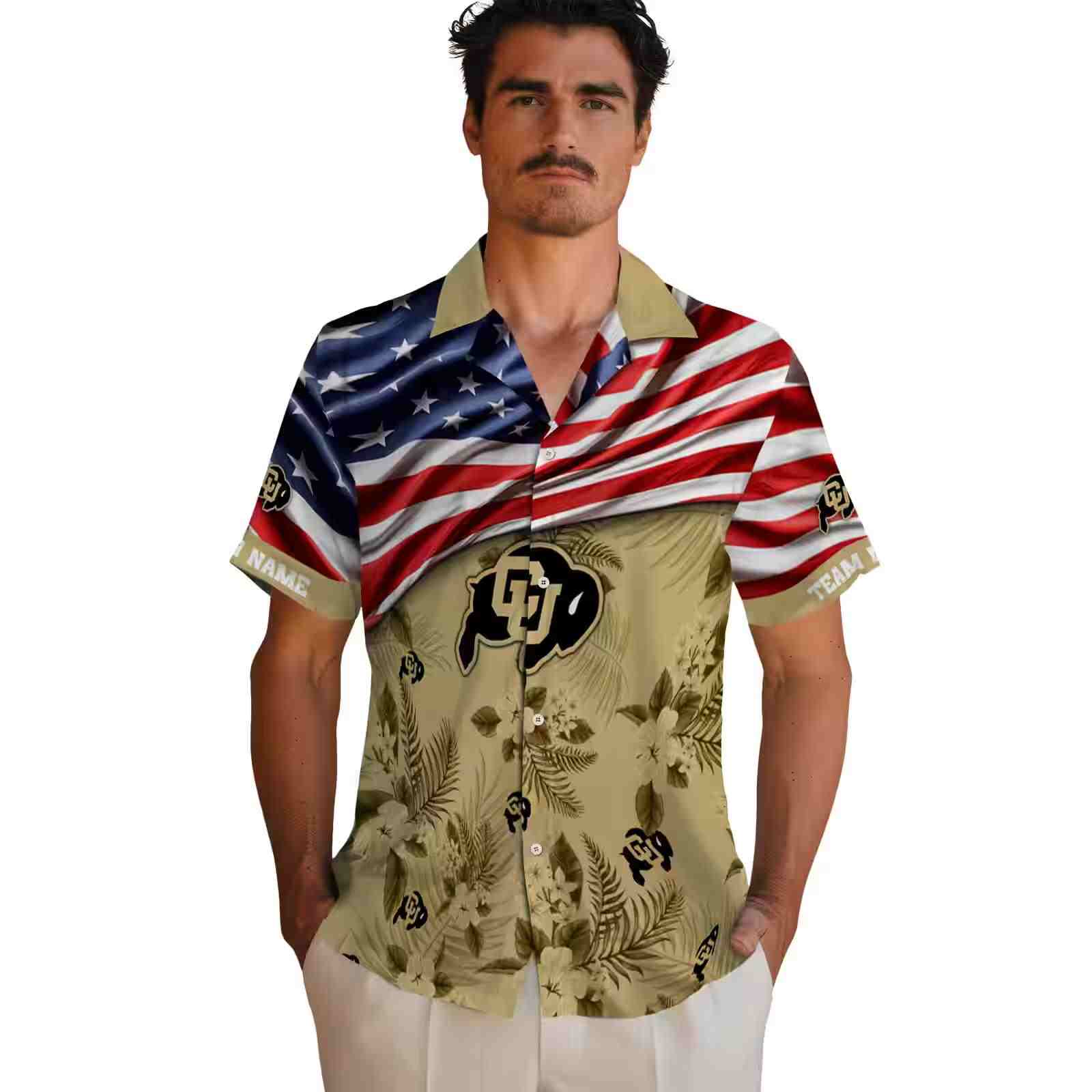 customized colorado buffaloes us flag hibiscus gold hawaiian shirt fashion forward