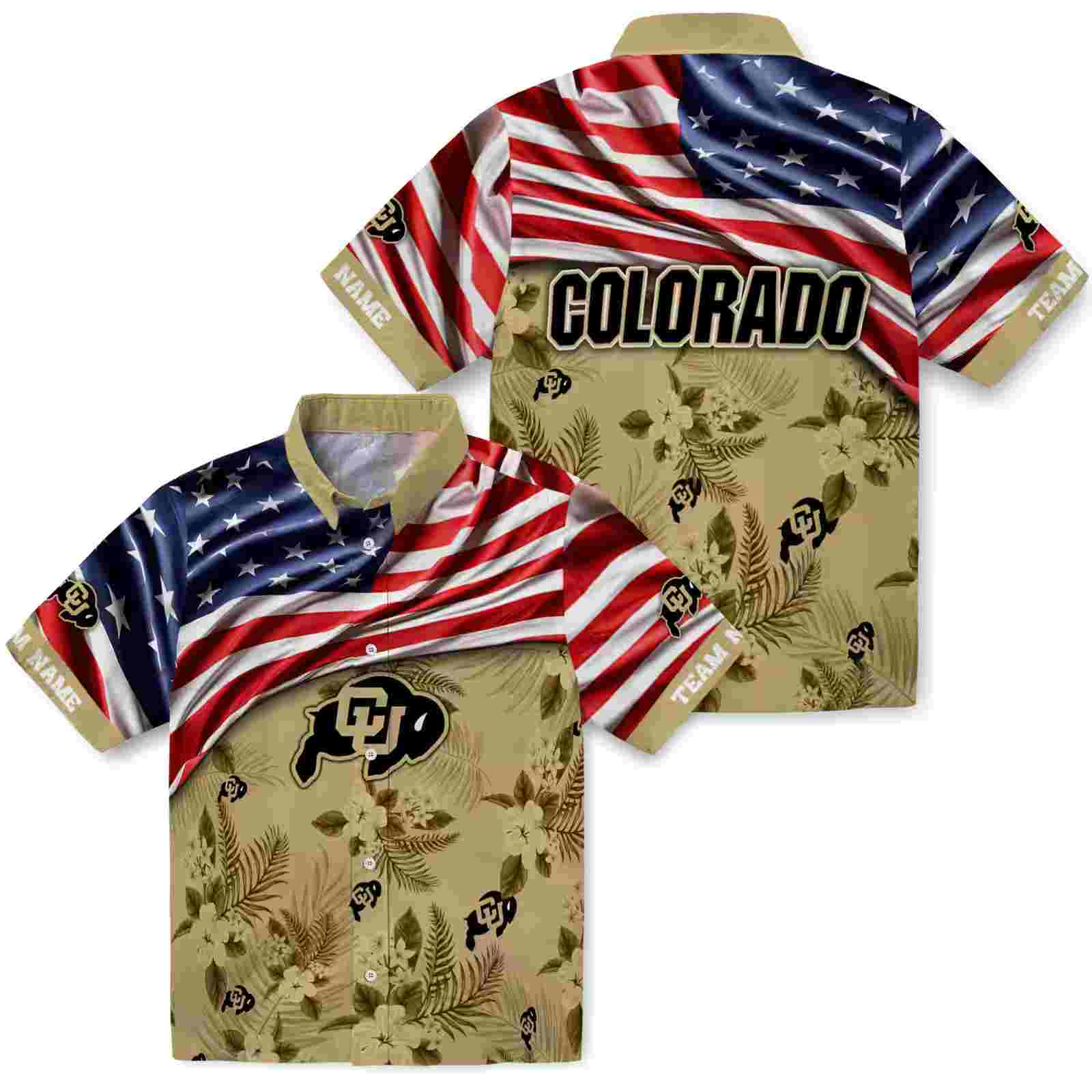 customized colorado buffaloes us flag hibiscus gold hawaiian shirt high quality