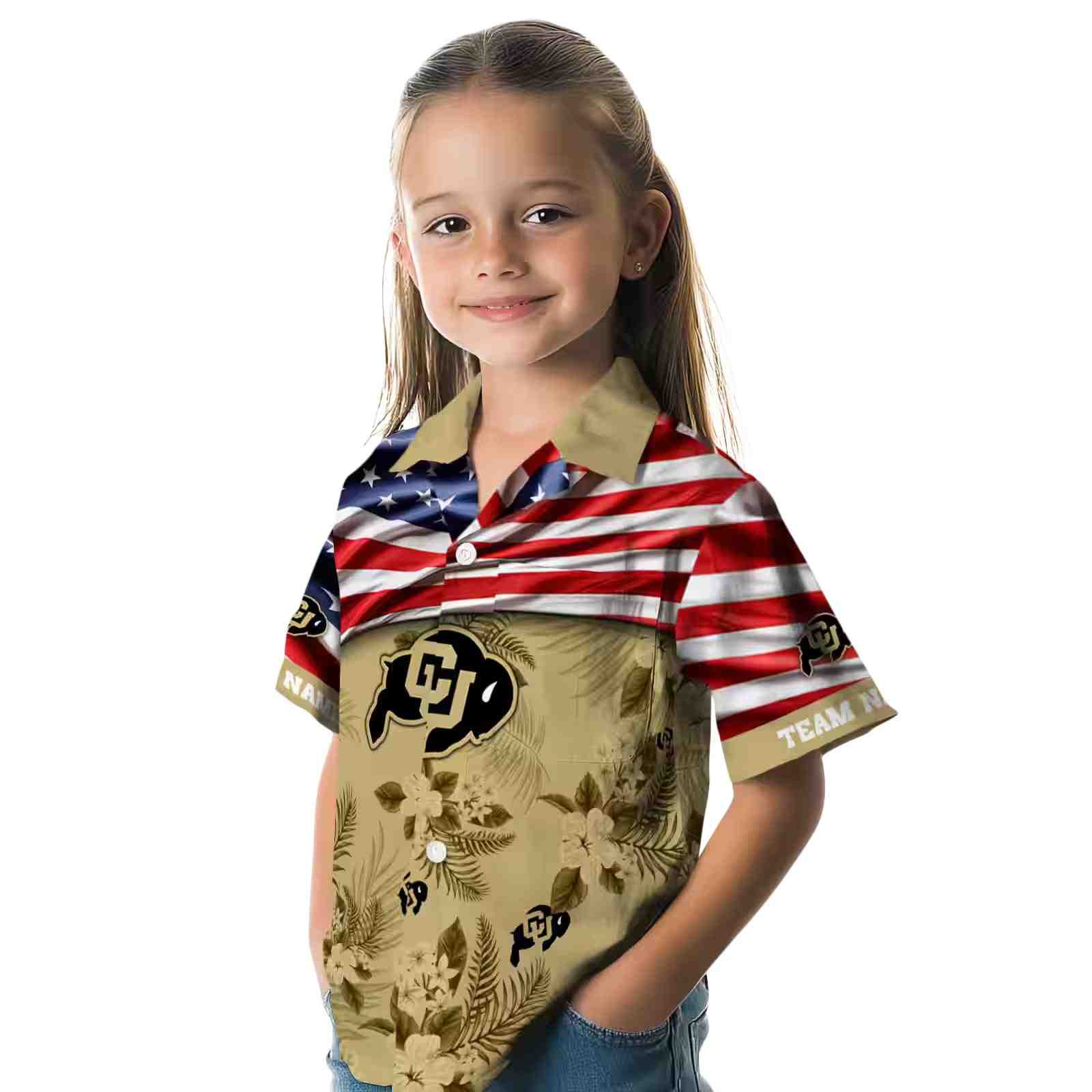 customized colorado buffaloes us flag hibiscus gold hawaiian shirt premium grade