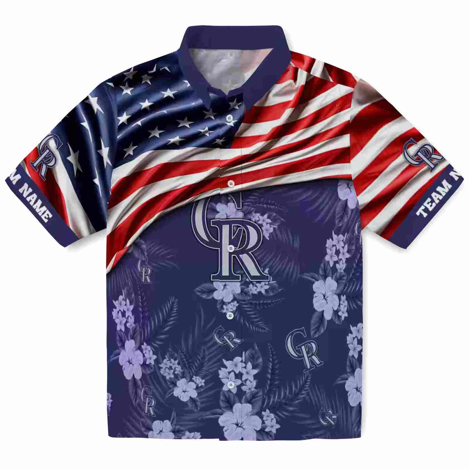 Customized Colorado Rockies US Flag Hibiscus Blue Hawaiian Shirt