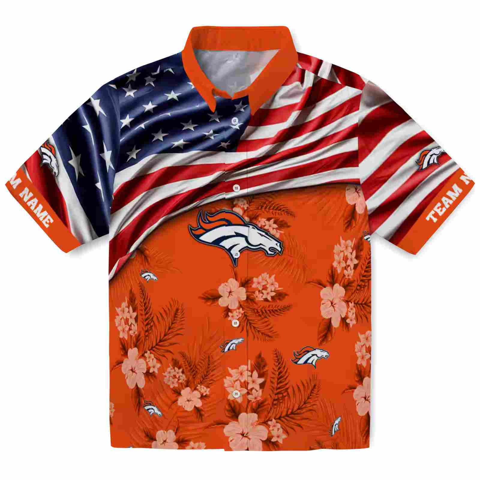 Customized Denver Broncos US Flag Hibiscus Orange Hawaiian Shirt