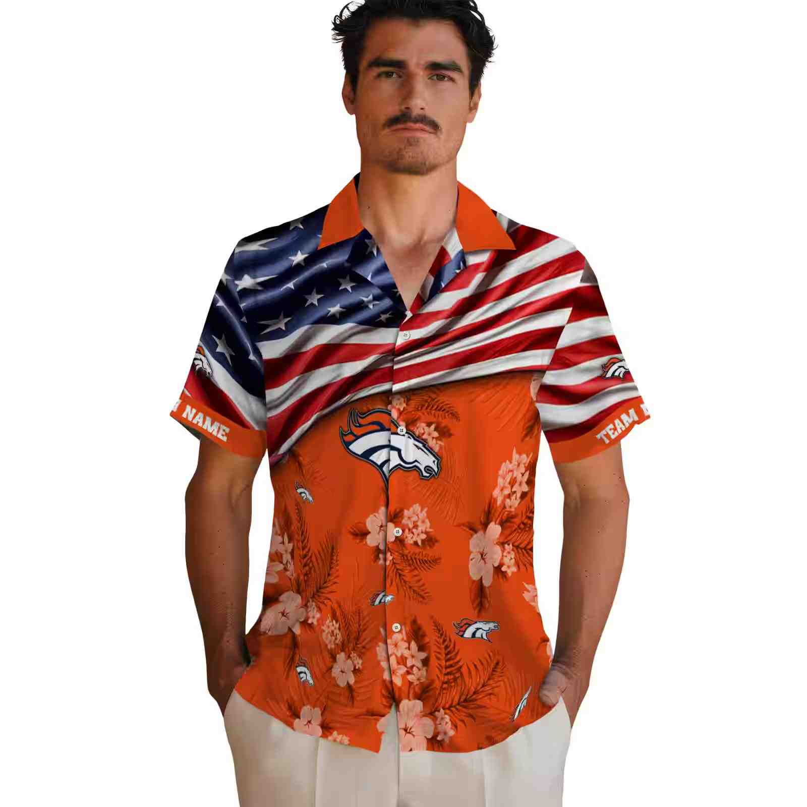 customized denver broncos us flag hibiscus orange hawaiian shirt fashion forward