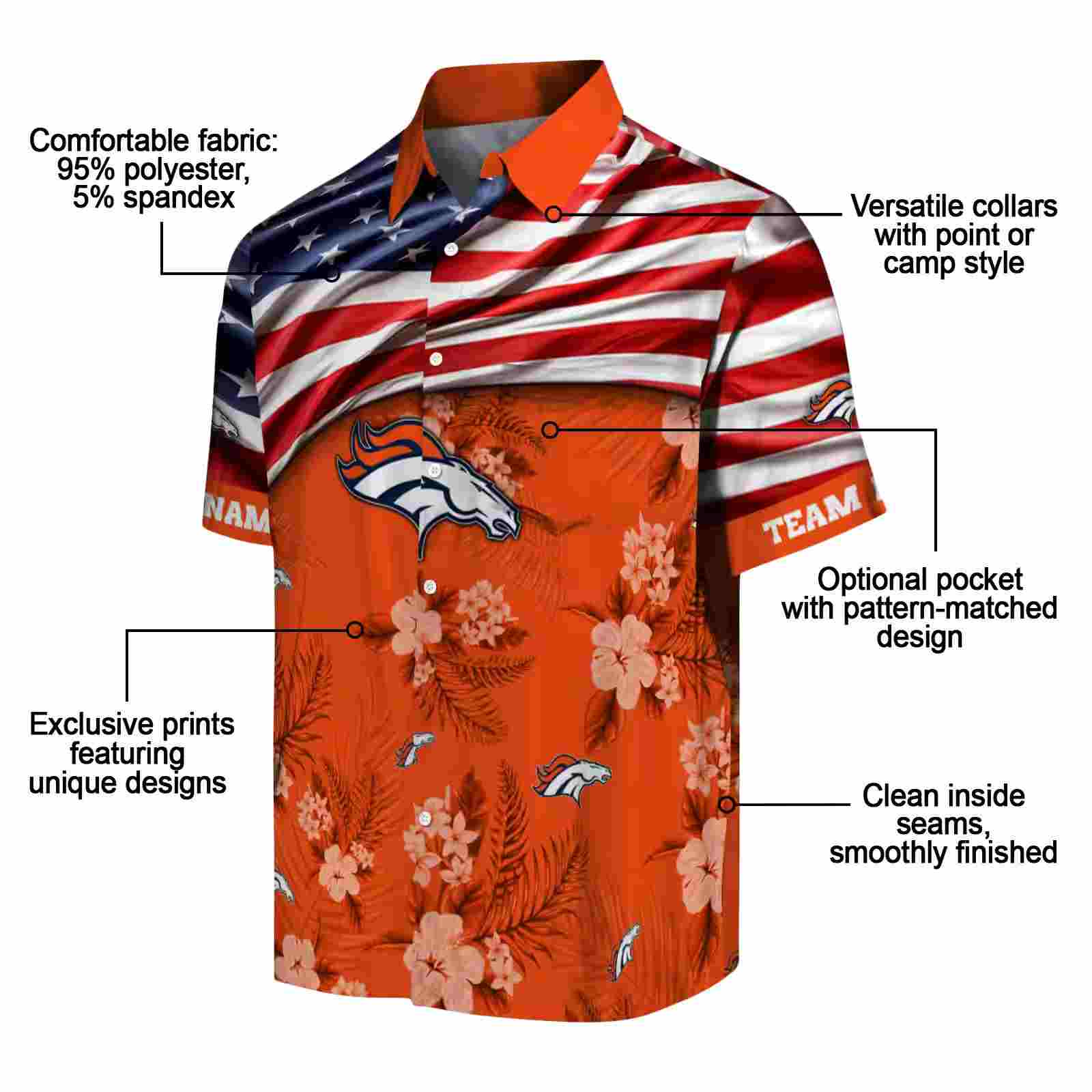 customized denver broncos us flag hibiscus orange hawaiian shirt new arrival