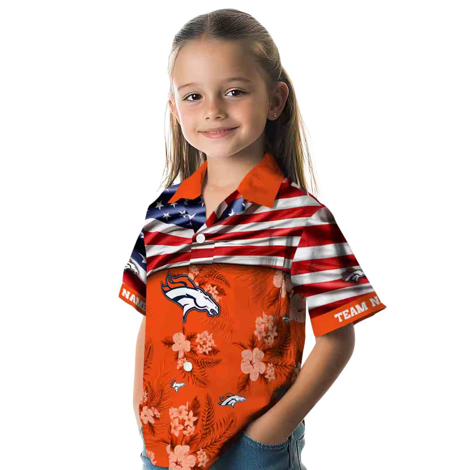 customized denver broncos us flag hibiscus orange hawaiian shirt premium grade