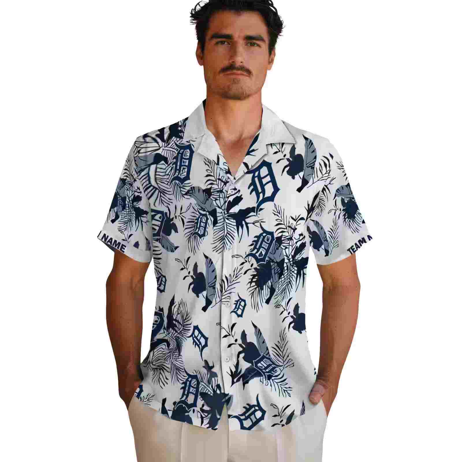 customized detroit tigers botanical theme navy white hawaiian shirt fashion forward