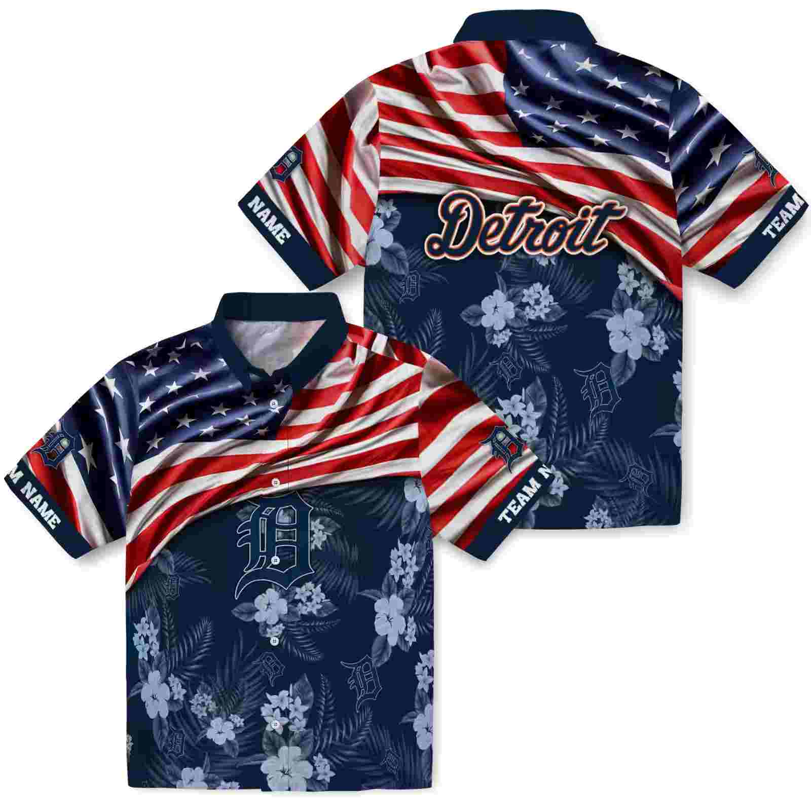 customized detroit tigers us flag hibiscus navy hawaiian shirt high quality