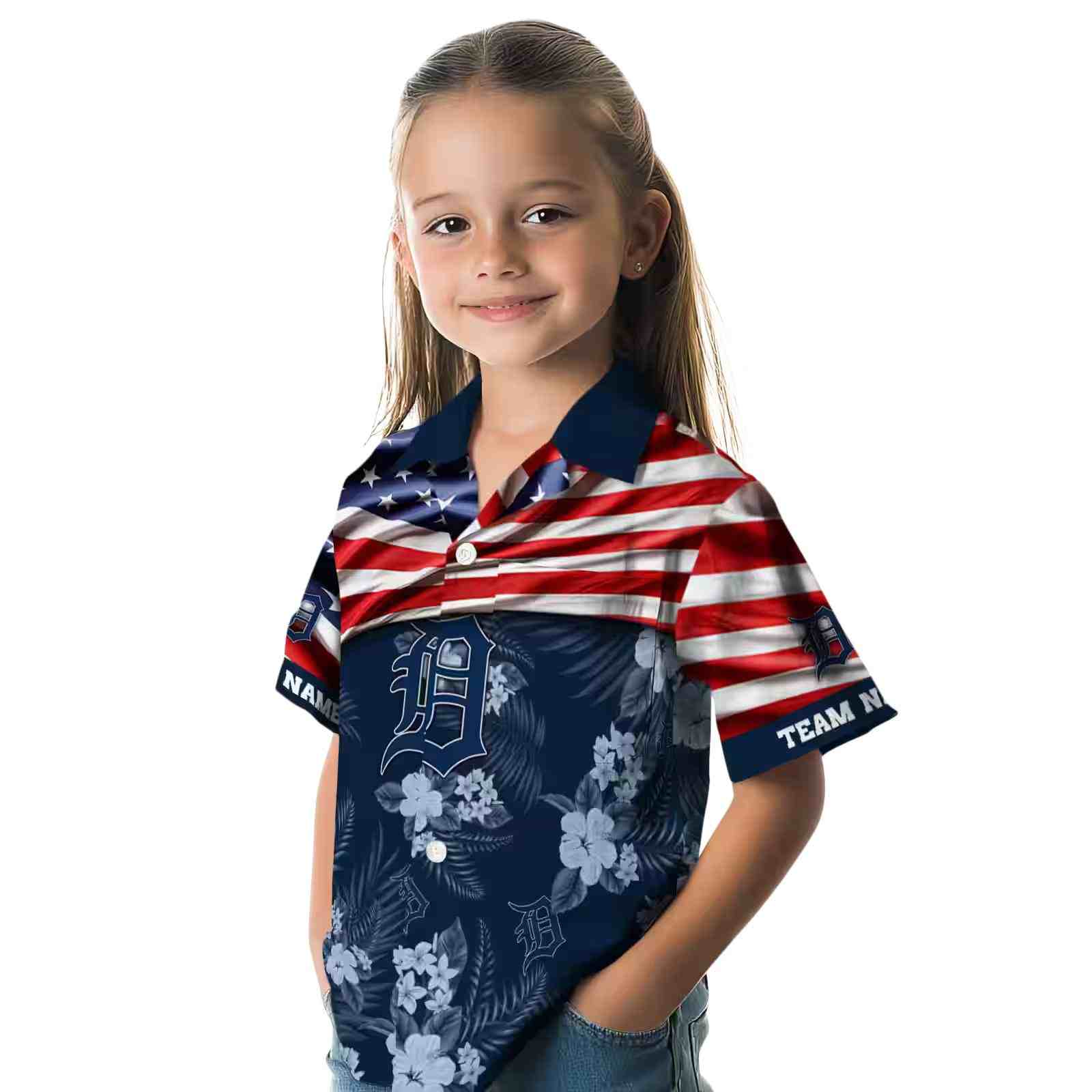 customized detroit tigers us flag hibiscus navy hawaiian shirt premium grade