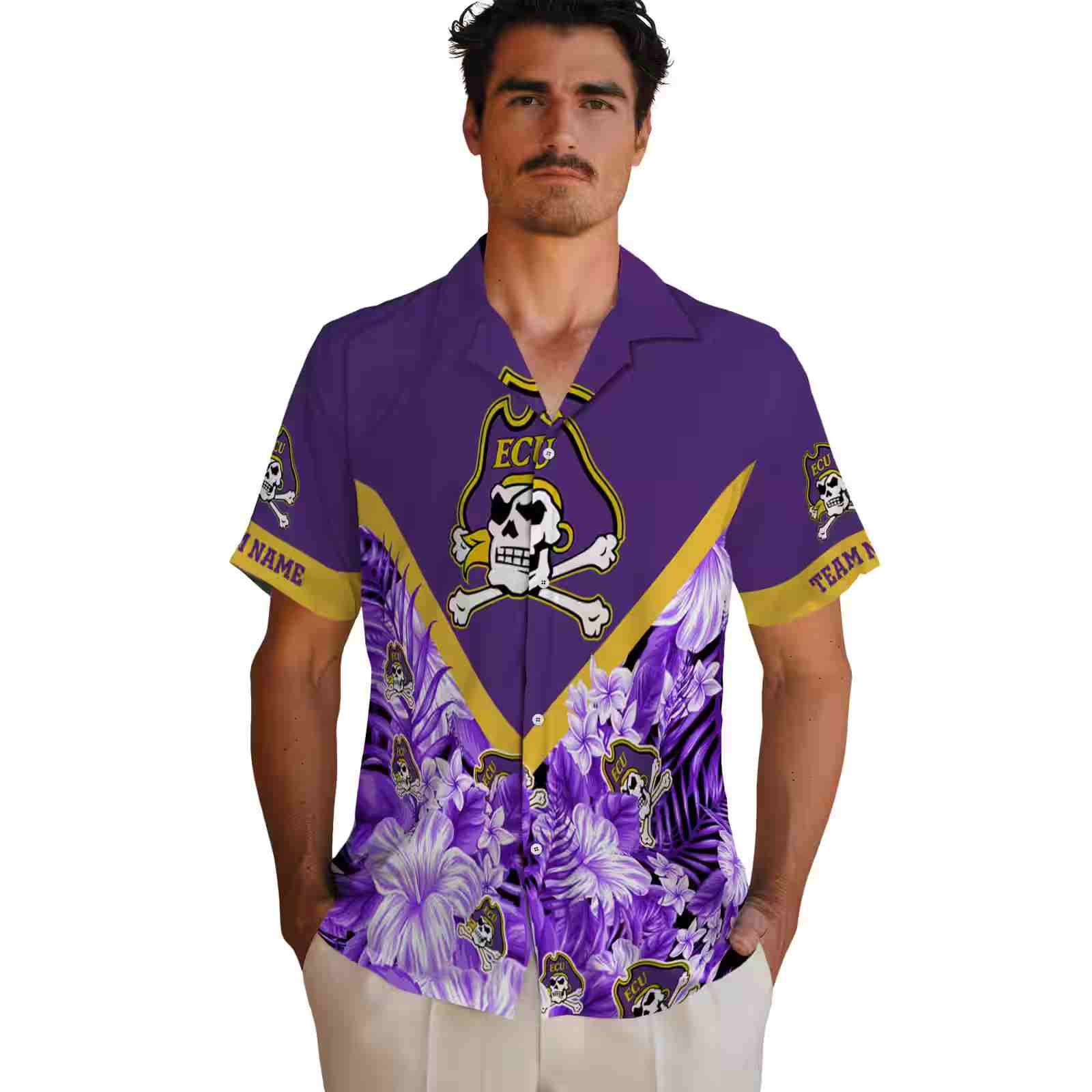 customized east carolina pirates floral chevron purple hawaiian shirt fashion forward