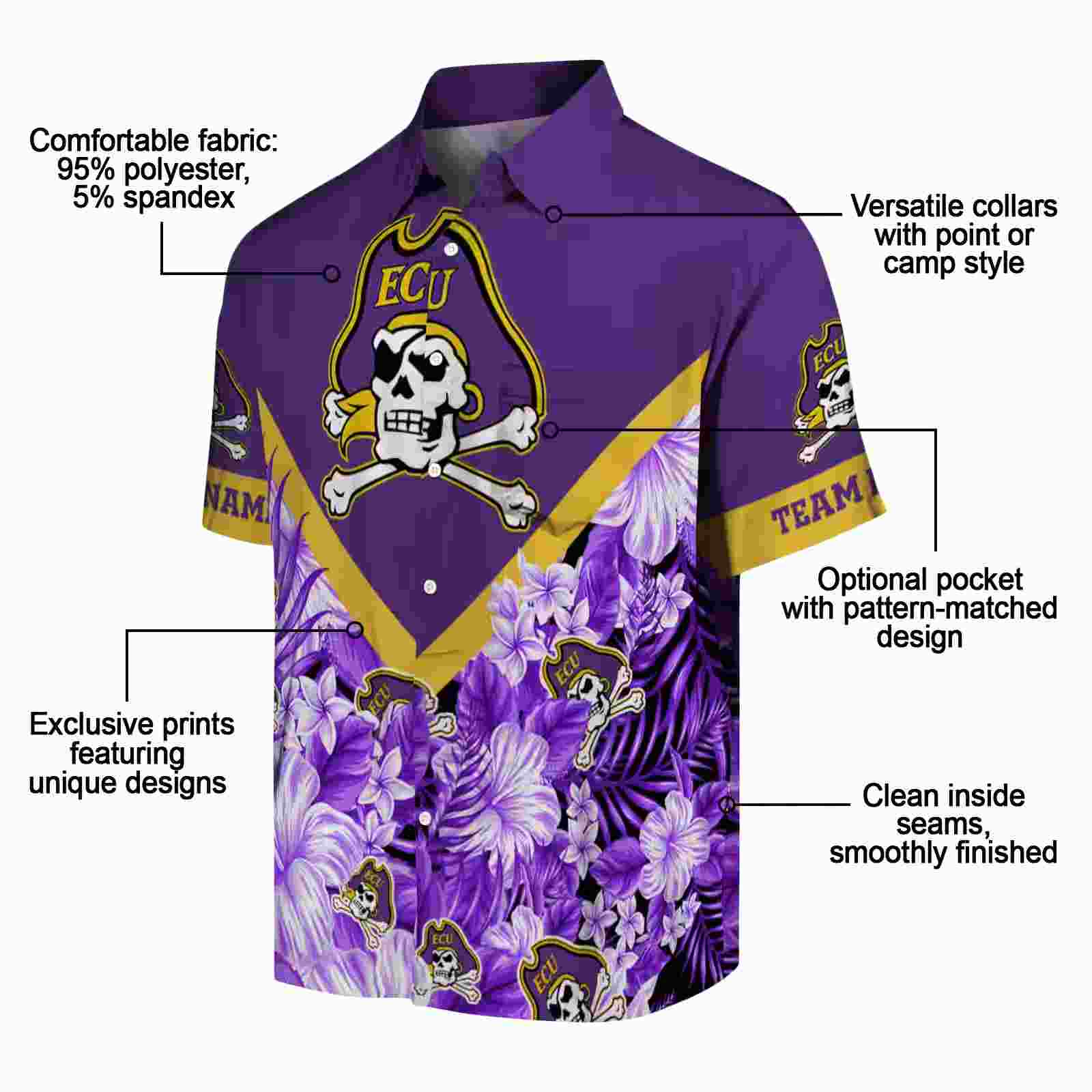 customized east carolina pirates floral chevron purple hawaiian shirt new arrival