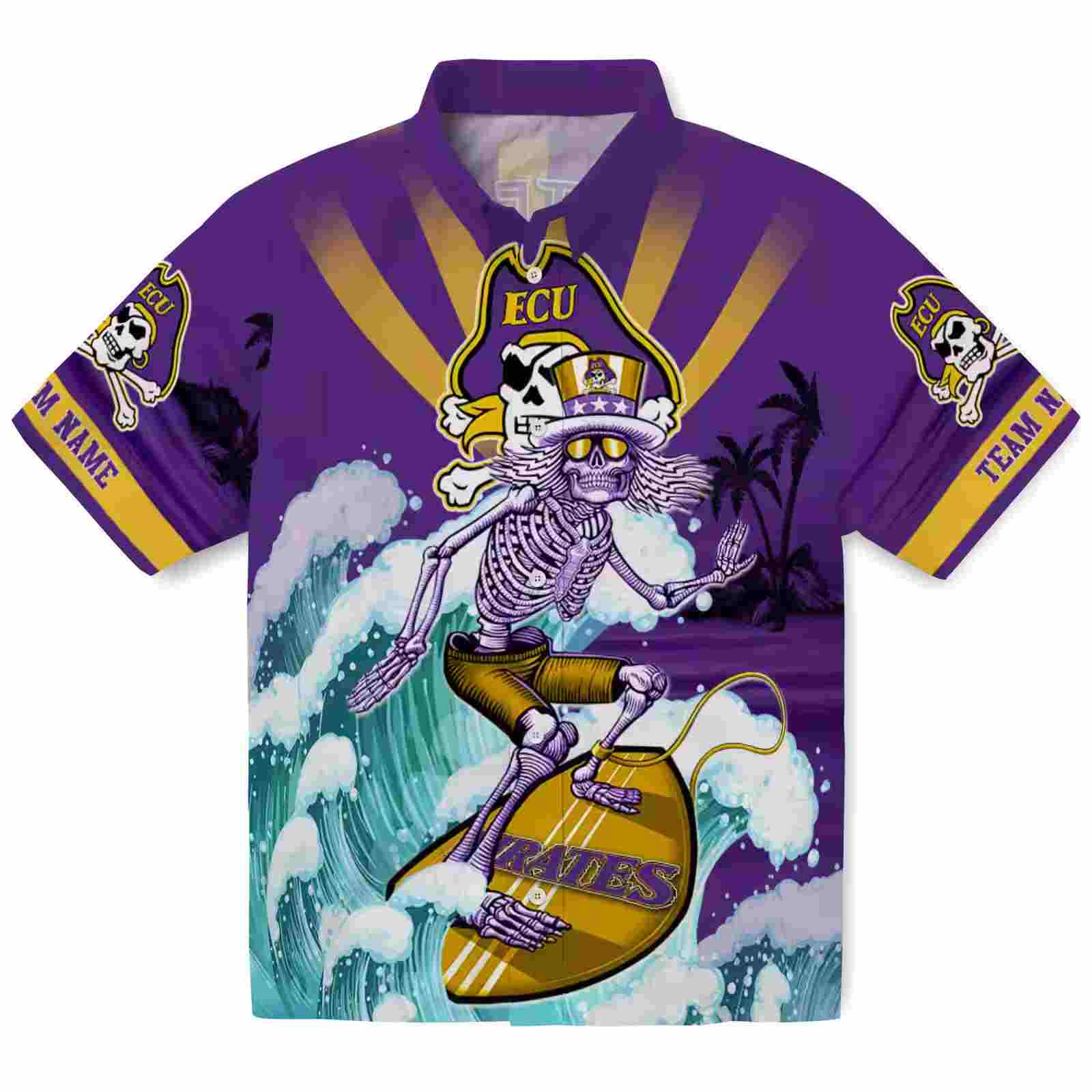 Customized East Carolina Pirates Surfing Skeleton Purple Blue Hawaiian Shirt