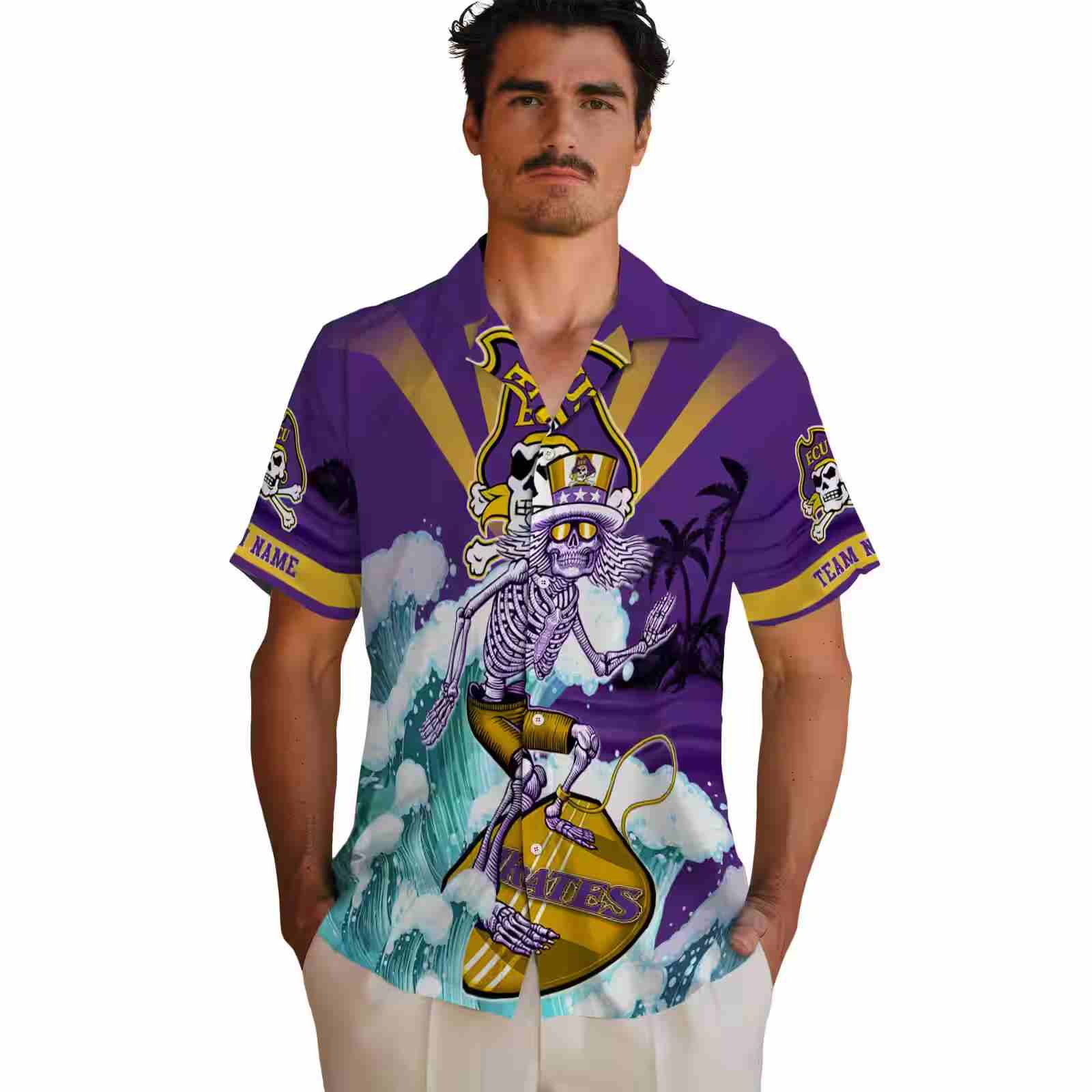 customized east carolina pirates surfing skeleton purple blue hawaiian shirt fashion forward